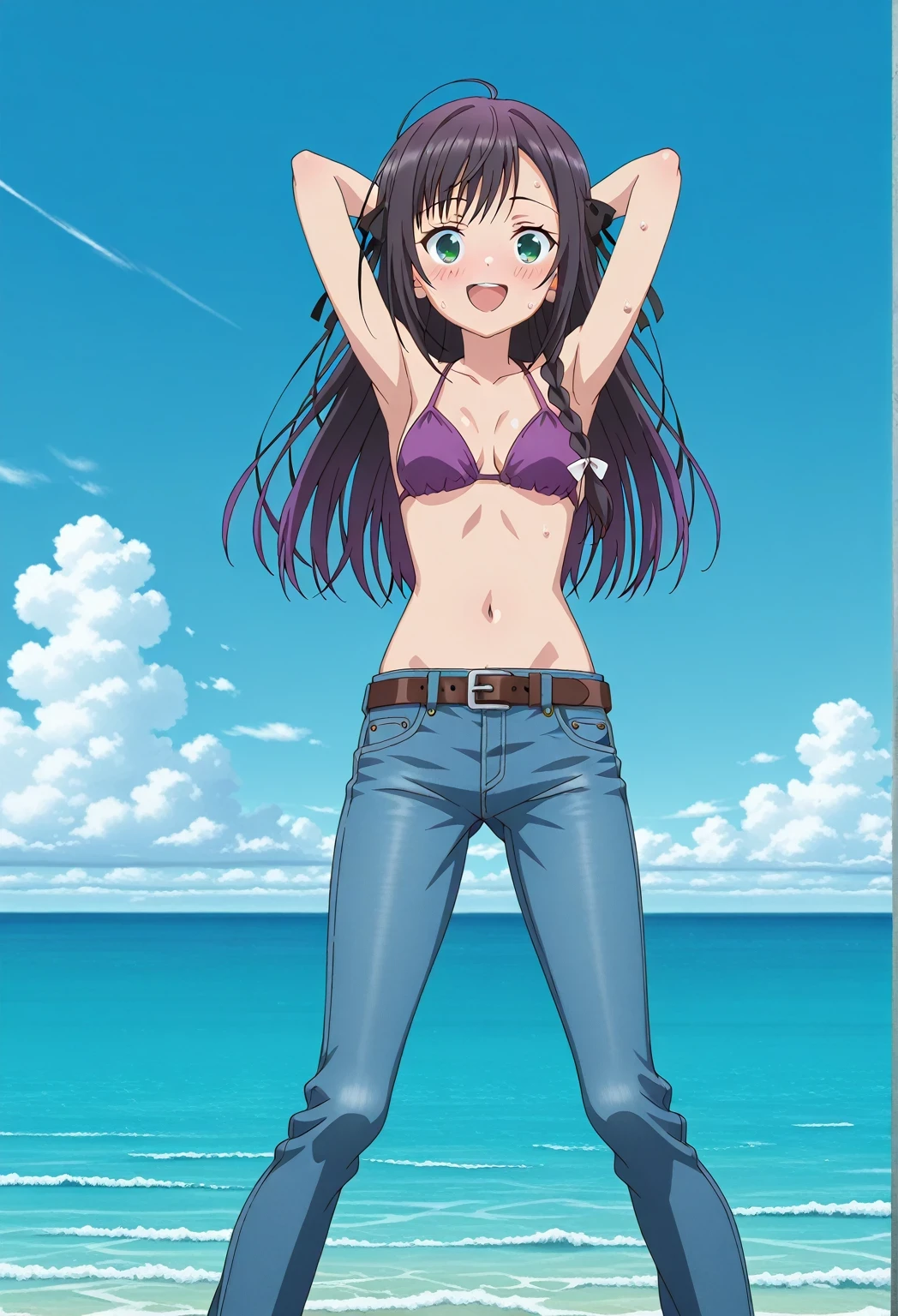 score_9, score_8_up, score_7_up, source_anime, highres, hi res, ((best quality, top quality, perfect quality, Highest Quality, amazing quality)), {{masterpiece}}, {{an extremely delicate and beautiful}}, 2d, intricate details, official style, anime, 8k, anime style, official_anime, official art, digital painting, cell shading, soft shading, high resolution, soothing tones, Subdued Color, Soft cinematic light, adobe lightroom, photolab, HDR, intricately and hyper-detailed, ((high quality animation)), 1 girl, Alone, solo, ((ocean)), tsunami, on the water, day, sunny, outdoors, sky, windy, alina clover (girumasu), long hair, multicolored hair, black hair, purple hair, swept bangs, black hair ribbon, single braid, blue eyes, (green eyes:0.8), anime screencap, small , purple top, best quality, hyper-detailed jeans, ((blue jeans:1.9)), (dark blue jeans:0.6), full medium body, medium shot, Open mouth, smiling, happy face, blush, sweat, standing, ((arms behind head:6.0)), bowlegged, jumping pose, action, looking at viewer, , Bend knees slightly, straight-on front view, belt, brown belt
