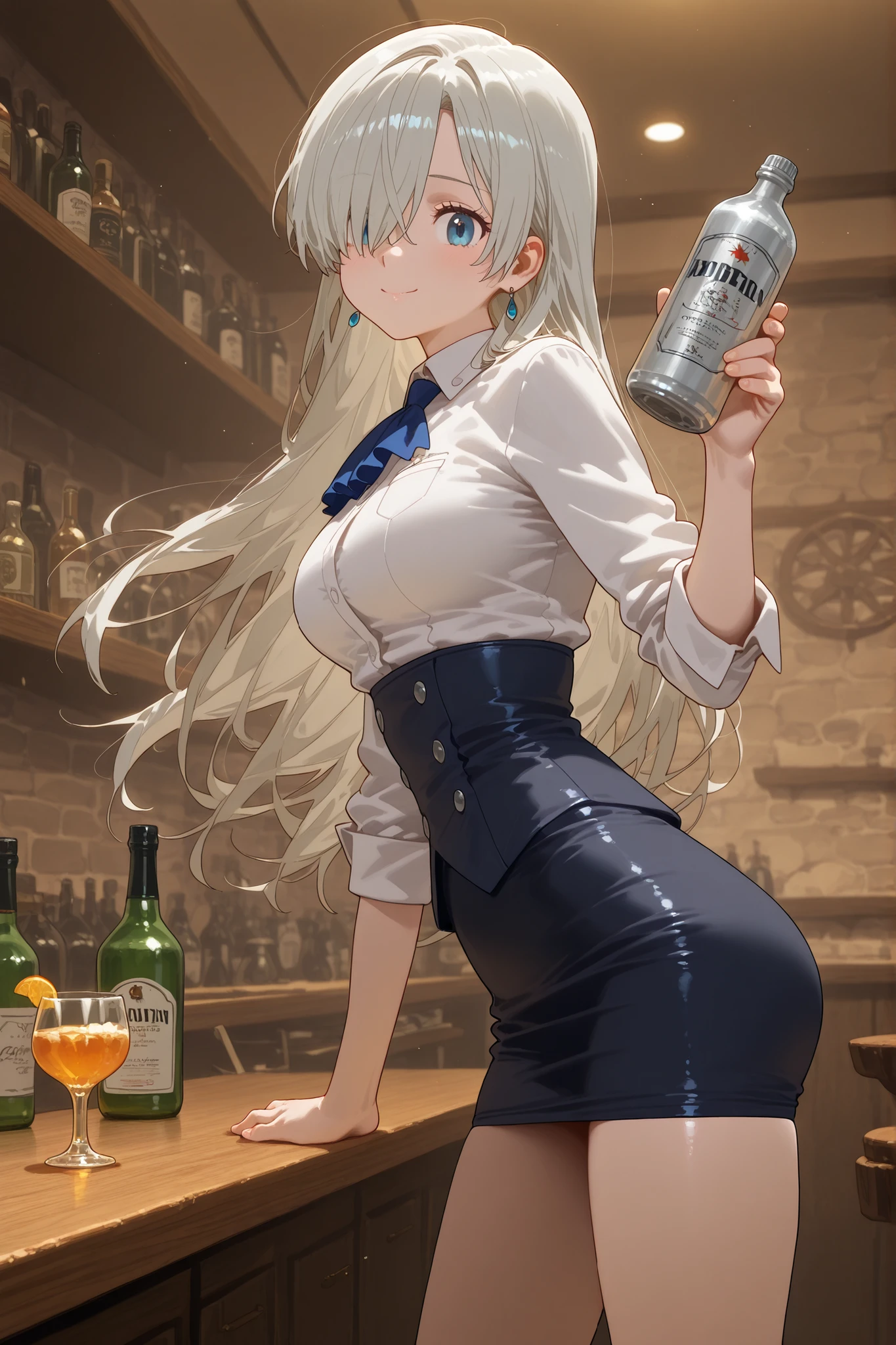 Elizabeth Lioness with a silver bottle,bartender who makes alcohol,Dynamic Poses,blue eyes,smile,Best,tight skirt that can be worn,cocktail,Photo Real,silver hair long hair,hair over one eye,銀のボトルを持つ