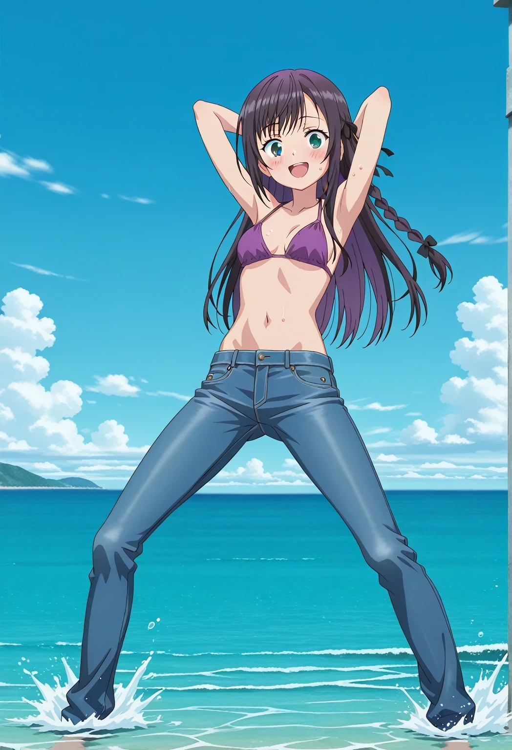 score_9, score_8_up, score_7_up, source_anime, highres, hi res, ((best quality, top quality, perfect quality, Highest Quality, amazing quality)), {{masterpiece}}, {{an extremely delicate and beautiful}}, 2d, intricate details, official style, anime, 8k, anime style, official_anime, official art, digital painting, cell shading, soft shading, high resolution, soothing tones, Subdued Color, Soft cinematic light, adobe lightroom, photolab, HDR, intricately and hyper-detailed, ((high quality animation)), 1 girl, Alone, solo, ((ocean)), tsunami, on the water, day, sunny, outdoors, sky, windy, alina clover (girumasu), long hair, multicolored hair, black hair, purple hair, swept bangs, black hair ribbon, single braid, blue eyes, (green eyes:0.8), anime screencap, small , purple top, best quality, hyper-detailed jeans, ((blue jeans:1.9)), (dark blue jeans:0.6), full medium body, medium shot, Open mouth, smiling, happy face, blush, sweat, standing, ((arms behind head:6.0)), bowlegged, jumping pose, action, looking at viewer, , Bend knees slightly, straight-on front view