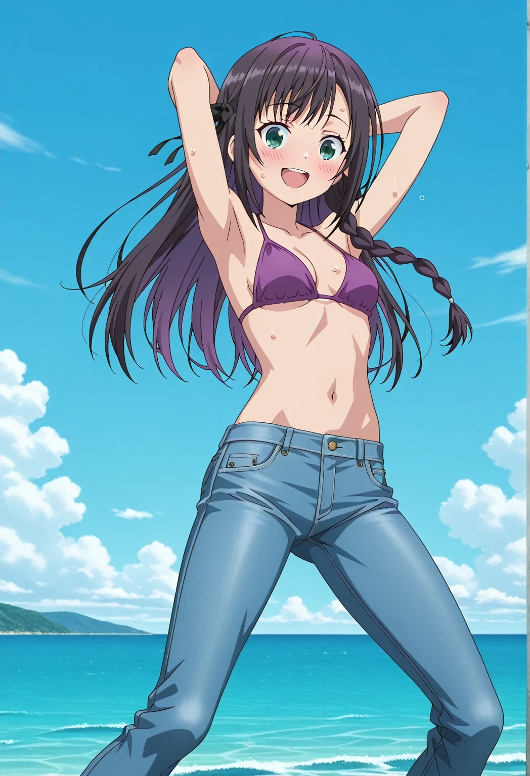 score_9, score_8_up, score_7_up, source_anime, highres, hi res, ((best quality, top quality, perfect quality, Highest Quality, amazing quality)), {{masterpiece}}, {{an extremely delicate and beautiful}}, 2d, intricate details, official style, anime, 8k, anime style, official_anime, official art, digital painting, cell shading, soft shading, high resolution, soothing tones, Subdued Color, Soft cinematic light, adobe lightroom, photolab, HDR, intricately and hyper-detailed, ((high quality animation)), 1 girl, Alone, solo, ((ocean)), tsunami, on the water, day, sunny, outdoors, sky, windy, alina clover (girumasu), long hair, multicolored hair, black hair, purple hair, swept bangs, black hair ribbon, single braid, blue eyes, (green eyes:0.8), anime screencap, small , purple top, best quality, hyper-detailed jeans, ((blue jeans:1.9)), (dark blue jeans:0.6), full medium body, medium shot, Open mouth, smiling, happy face, blush, sweat, standing, ((arms behind head:6.0)), bowlegged, jumping pose, action, looking at viewer, , Bend knees slightly, straight-on front view