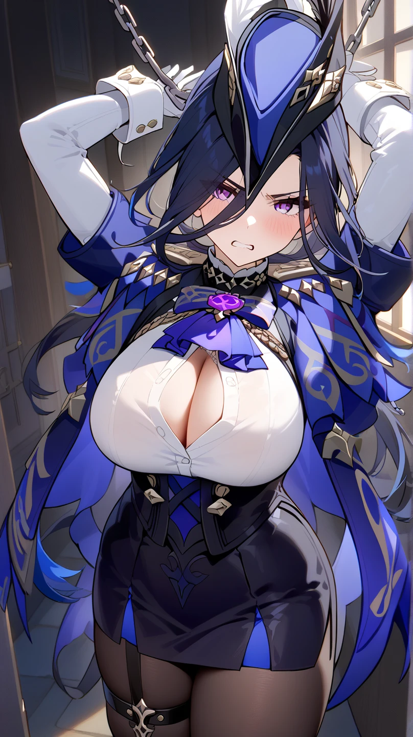 Raiden Shogun., 1girl, senos, solamente, purple hair, En cuclillas, muslosaltos, topo, purple eyes, senos grandes, Cabello largo, lunar debajo del ojo, escote, trenza, Ropa japonesa, Mirando al espectador, adorno para el cabello, piernas abiertas, quimono, sash, flequillo, tacones altos, Obi, Muslos, Guanteletes nupciales, purple nails, huge 