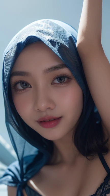 Smile, ((Hijab)), Tiny (Wearing  Top Suspender), (((HIJAB MALAY GIRL))), masutepiece, High quality, UHD 32K, Realistic face, Realistic skin feeling , A Malay Lady, 8 years old, , Very cute and baby-like face, (((FLAT ))), (MATRIX WORLD), ((look In front  at the camera and SADNESS)), ((())), (((CUTE GIRL))),  ((Fluorescence)), ((CHUBBY)), (), Lolican. Light blue and White , at Beach