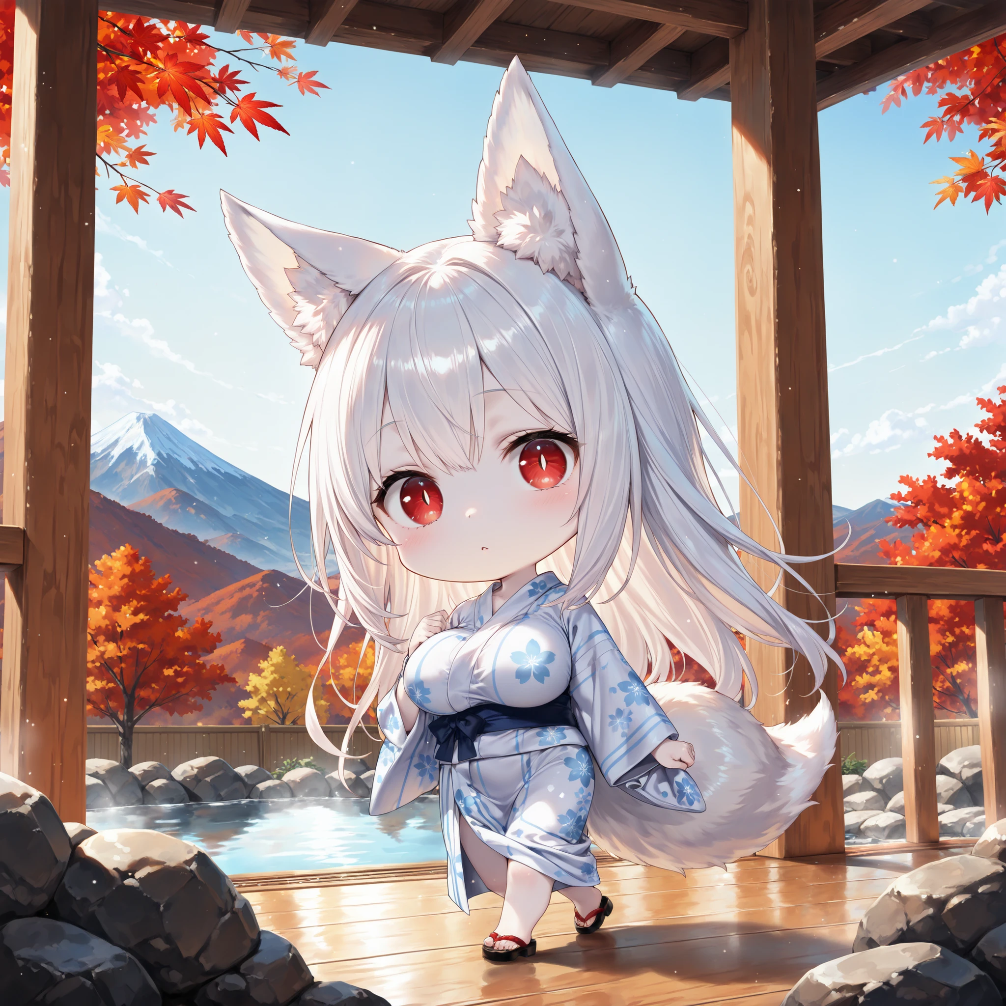 chibi,,(1 person:1.4)、chibi only、little character、2.5 heads tall、Walking Fox Eared Girl、(pale skin:1.2)、long white hair、Nine-Tailed Fox、red eyes、vertical pupils、(big boobs:1.2)、a simple yukata with white and blue stripes、Wooden Corridor、hot spring inn、Fluttering Red Maple Leaves、Mountain with autumn leaves々、Red Dragonfly、No expression、masterpiece、Highest Quality、Ultra Detailed 、anime style、