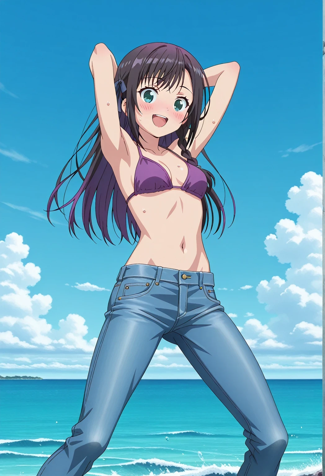 score_9, score_8_up, score_7_up, source_anime, highres, hi res, ((best quality, top quality, perfect quality, Highest Quality, amazing quality)), {{masterpiece}}, {{an extremely delicate and beautiful}}, 2d, intricate details, official style, anime, 8k, anime style, official_anime, official art, digital painting, cell shading, soft shading, high resolution, soothing tones, Subdued Color, Soft cinematic light, adobe lightroom, photolab, HDR, intricately and hyper-detailed, ((high quality animation)), 1 girl, Alone, solo, ((ocean)), tsunami, on the water, day, sunny, outdoors, sky, windy, alina clover (girumasu), long hair, multicolored hair, black hair, purple hair, swept bangs, black hair ribbon, single braid, blue eyes, (green eyes:0.8), anime screencap, small , purple top, best quality, hyper-detailed jeans, ((blue jeans:1.9)), (dark blue jeans:0.6), full medium body, medium shot, Open mouth, smiling, happy face, blush, sweat, standing, ((arms behind head:6.0)), bowlegged, jumping pose, action, looking at viewer, , Bend knees slightly, straight-on front view