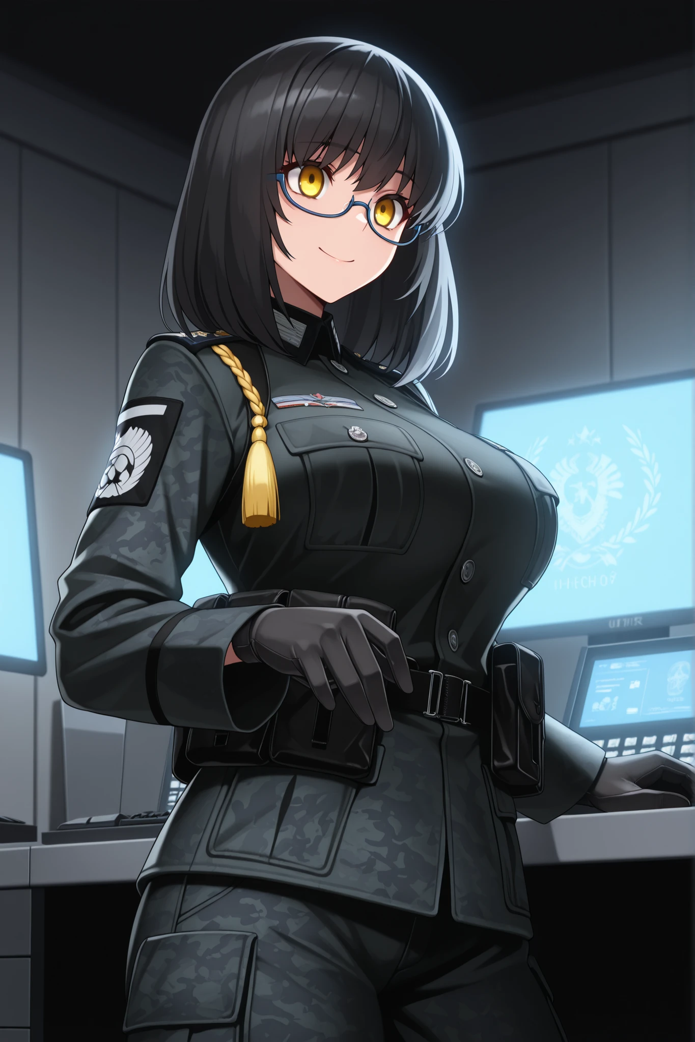 absurdres, (((Ultra HD))), (((Ultra High Quality))), ((hyper detailed)), ((Ultra High Resolution)), (Highly rendered), ((detailed eyes)), (((8K))), ((perfect face)), ((masterpiece)), cinematic, solo, 1girl, tall, black military combat uniform, black camouflage jacket, black camouflage, black camouflage pants, soldier, gloves, mizuki shibata, black hair, yellow eyes, glasses, medium hair, tassel, semi-rimless eyewear, under-rim eyewear, large breasts, smile, military command room background, computers