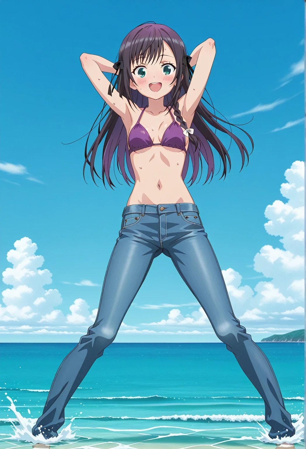score_9, score_8_up, score_7_up, source_anime, highres, hi res, ((best quality, top quality, perfect quality, Highest Quality, amazing quality)), {{masterpiece}}, {{an extremely delicate and beautiful}}, 2d, intricate details, official style, anime, 8k, anime style, official_anime, official art, digital painting, cell shading, soft shading, high resolution, soothing tones, Subdued Color, Soft cinematic light, adobe lightroom, photolab, HDR, intricately and hyper-detailed, ((high quality animation)), 1 girl, Alone, solo, ((ocean)), tsunami, on the water, day, sunny, outdoors, sky, windy, alina clover (girumasu), long hair, multicolored hair, black hair, purple hair, swept bangs, black hair ribbon, single braid, blue eyes, (green eyes:0.8), anime screencap, small , purple top, best quality, hyper-detailed jeans, ((blue jeans:1.9)), (dark blue jeans:0.6), full medium body, medium shot, Open mouth, smiling, happy face, blush, sweat, standing, ((arms behind head:6.0)), bowlegged, jumping pose, action, looking at viewer, , Bend knees slightly, straight-on front view