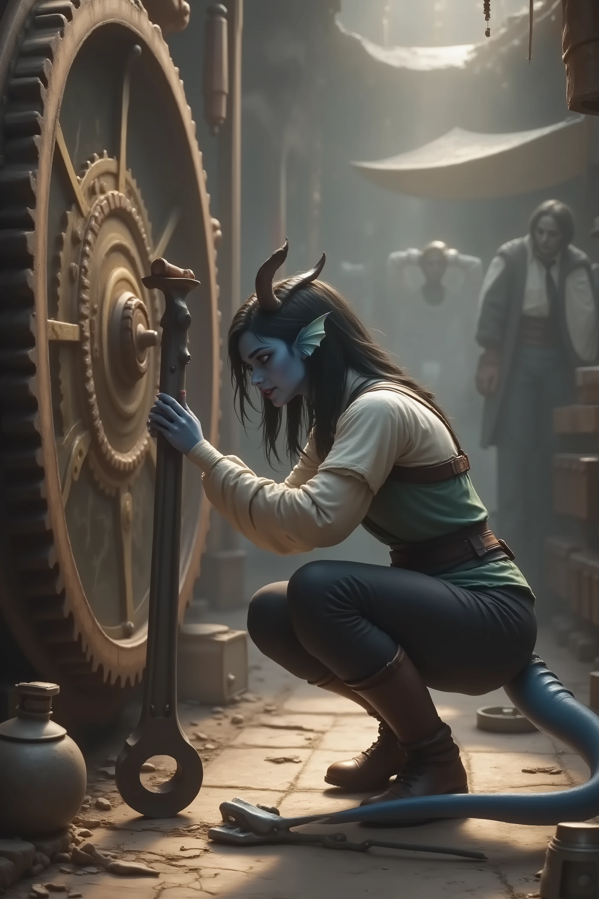 score_9, score_8_up, score_7_up leans nearby Between two large gears. On the ground lies a huge contrasting steel wrench. Kedra. She has dark blue and gray skin. A young woman in a work suit, slim figure, brown leather pants with ties, . She squats a little, straining her muscles and clutching the handle of the wrench forcefully pulls it towards her, it's very hard for her, all her muscles are tense. Against the background, a large steampunk mechanism with various pipes under the transparent glass beautiful gears and hydraulics can be seen in the compartment. Open welds and lots of rivets on the worn old copper and iron parts of the unit.
In the background, a human scientist in a white coat is standing, clutching his head with his hands looking at the girl.
Dressed in simple medieval clothes, work suit, slim figure, leather boots , dark bandages on her arms, tail bandages, belts and a bag tied to the base of the tail.
Best hands , 5 fingers. horns on the head
warm sunlight enters the room through the tiny shop windows from above and illuminates the dust in the air with falling sunlight.
Long soft shadows.
Better quality, overdetailed, 8K, Ultra Detail, realistic lighting, Dramatic lighting. (sfw:1.3).