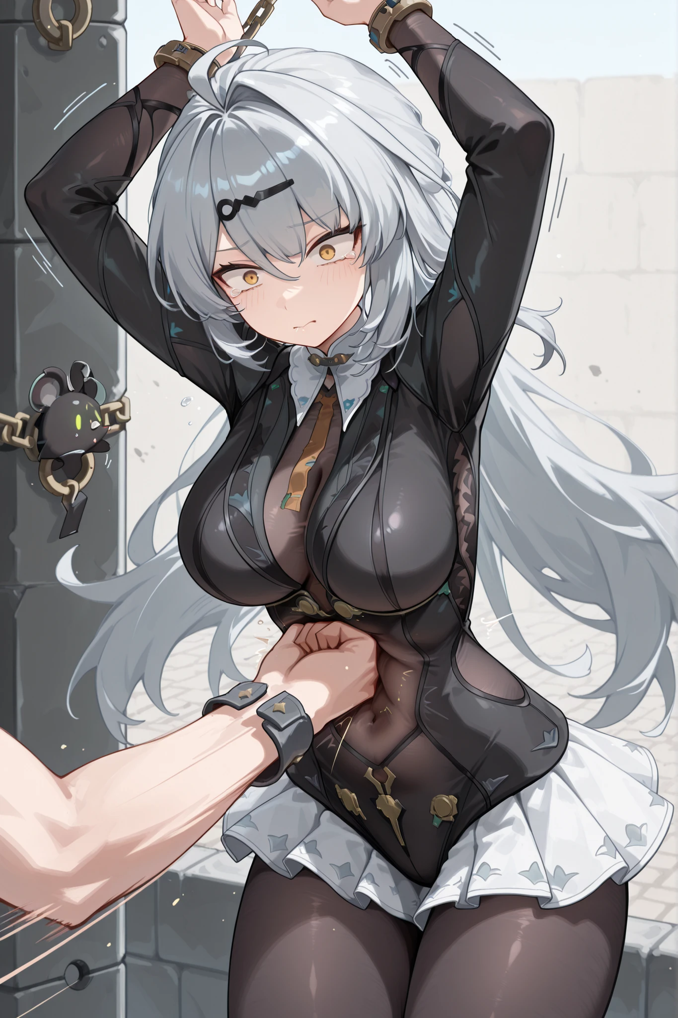 Masterpiece,best quality,highres,Super detailed,very detailed,highest quality,super detailed,high quality,high-definition,extremely detailed,absurdres,perfect lighting,outdoors,arms behind head,hanging all hands over head higher,hanging two hands over head higher,((((chain restrict her wrist)))),sexy,sexy belly line,Sexy belly line,Sexy Belly Line,navel punch,Navel punch,Navel Punch,(((((bellypunching,Bellypunching,Belly punching,Belly Punching,navel punch,Navel punch,Navel Punch,belly punching:1.2))))),
*//*,Yixuan\(zenless zone zero\),yxnnwtft,yi xuan zenless zone zero,zenless zone zero,yixuan,yellow eyes,grey hair,long hair,single hair intake,ahoge,breasts,hair ornament,black hairclip,hair between eyes,black jacket,black dress,black bodysuit,bodystocking,black bodystocking,see-through bodystocking,navel,covered navel,covered navel black dress,covered navel,covered navel black dress,pleated skirt,white shirt,white skirt,miniskirt,brown necktie,pantyhose,black pantyhose,long sleeves,
*//*,looking at viewer,small tears,closed mouse