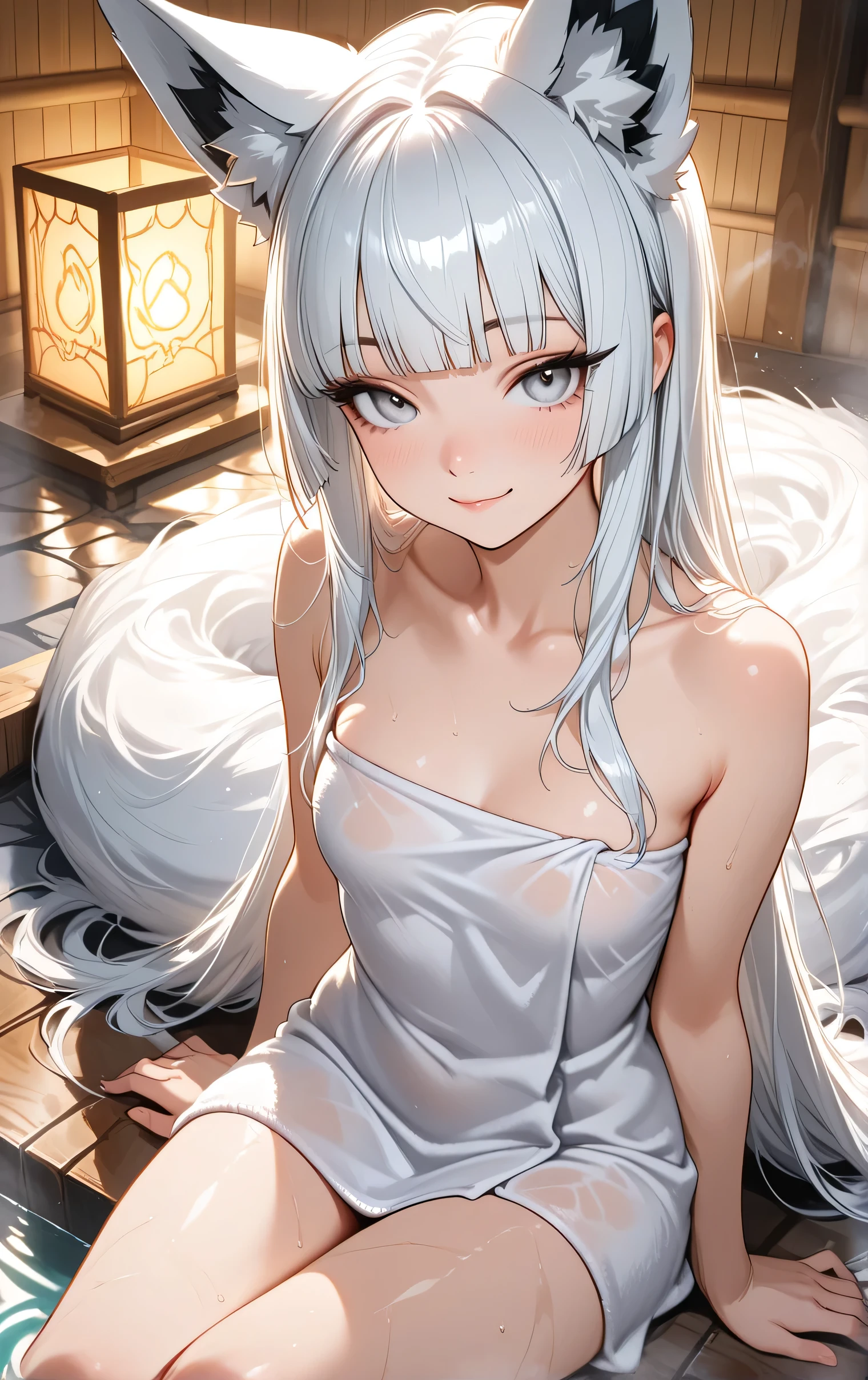 SFW, score_9, score_8_up, score_7_up, score_6_up, 
1girl,  solo, fox girl, fox ears, fox tail, covered in towel, submerged in water, white hair, hime-cut hair, straight hair, long hair, grey eyes, small, long eyelashes, blunt bangs, young adult, sitting in the hot water, dynamic pose, relaxed face, daring, dynamic angle, angled shot, onsen, detailed bathhouse, steamy surroundings
