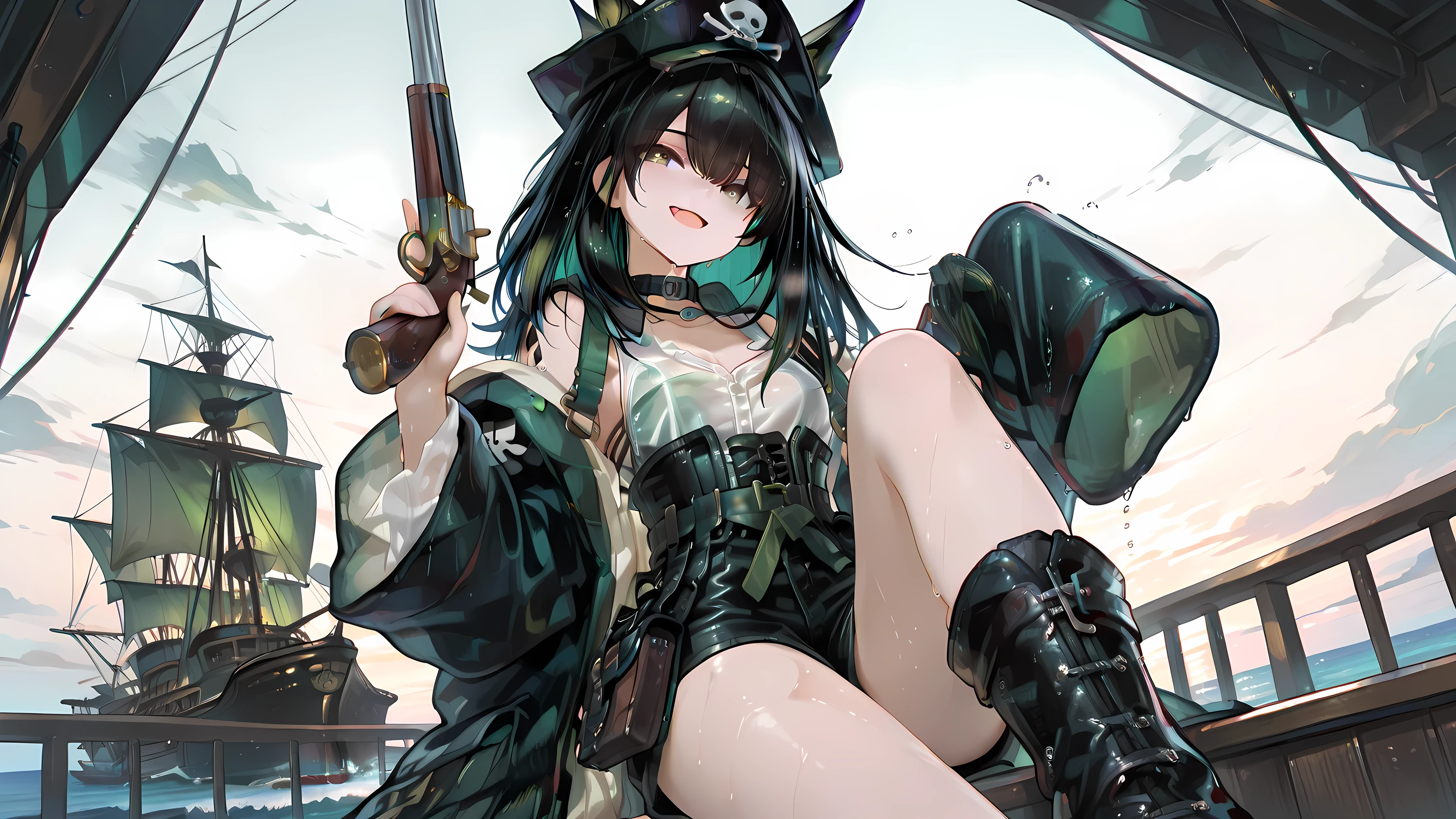 (masterpiece, detailed:1.2),748cmstyle,mon3tr \(personification\) \(arknights\), wide smile, open mouth, fang, looking at viewer. Wears a weathered linen blouse, fitted corset vest, long distressed pirate coat, layered leather belts, green sash around the waist, dark breeches or split skirt, short pants, tall worn leather boots. Tricorn hat tilted to the side, rustic jewelry, inspired by Jack Sparrow. In the middle of ocean, stand on ship deck, pirate ship, holding weapon, hand gun, holding flintlock, finger on trigger, windy, ocean scenery, wet hair, breast, small breast, cleavage, wet clothes, see through clothes. View from below, wide view, long shoot, high resolution, best quality, chromatic distortion, cinematic light, by Pixiv, art station, official anime style.