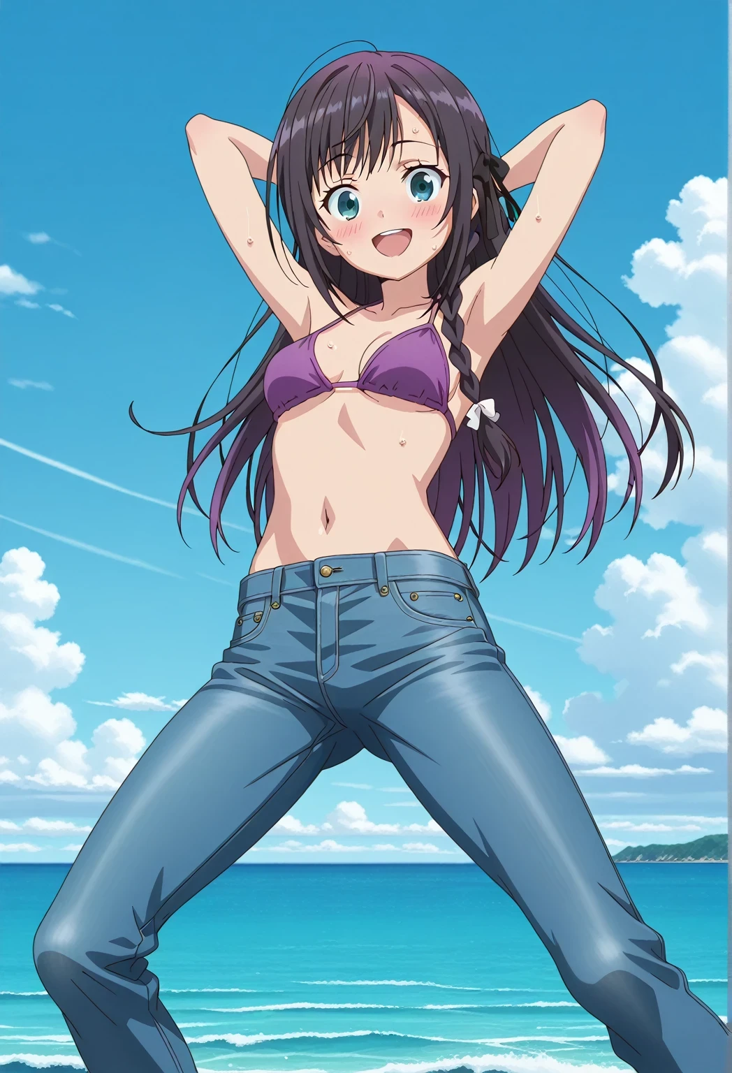 score_9, score_8_up, score_7_up, source_anime, highres, hi res, ((best quality, top quality, perfect quality, Highest Quality, amazing quality)), {{masterpiece}}, {{an extremely delicate and beautiful}}, 2d, intricate details, official style, anime, 8k, anime style, official_anime, official art, digital painting, cell shading, soft shading, high resolution, soothing tones, Subdued Color, Soft cinematic light, adobe lightroom, photolab, HDR, intricately and hyper-detailed, ((high quality animation)), 1 girl, Alone, solo, ((ocean)), tsunami, on the water, day, sunny, outdoors, sky, windy, alina clover (girumasu), long hair, multicolored hair, black hair, purple hair, swept bangs, black hair ribbon, single braid, blue eyes, (green eyes:0.8), anime screencap, small , purple top, best quality, hyper-detailed jeans, ((blue jeans:1.9)), (dark blue jeans:0.6), full medium body, medium shot, Open mouth, smiling, happy face, blush, sweat, standing, ((arms behind head:6.0)), bowlegged, jumping pose, action, looking at viewer, , Bend knees slightly, straight-on front view