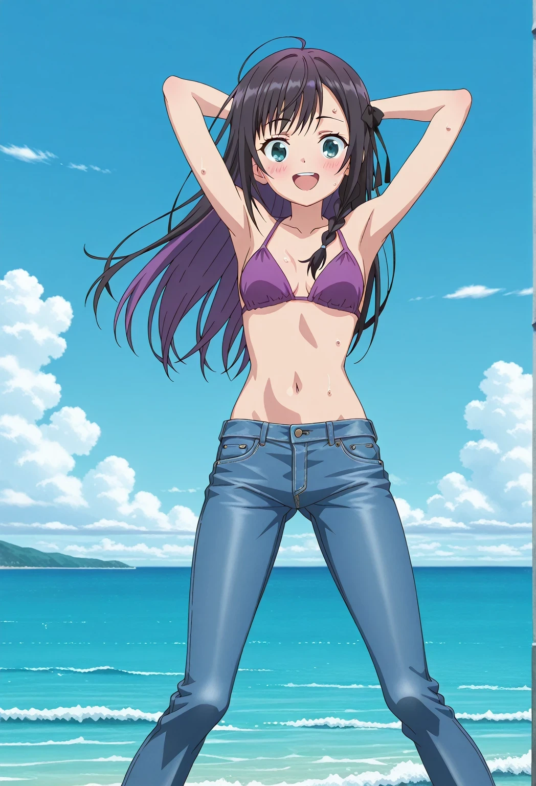 score_9, score_8_up, score_7_up, source_anime, highres, hi res, ((best quality, top quality, perfect quality, Highest Quality, amazing quality)), {{masterpiece}}, {{an extremely delicate and beautiful}}, 2d, intricate details, official style, anime, 8k, anime style, official_anime, official art, digital painting, cell shading, soft shading, high resolution, soothing tones, Subdued Color, Soft cinematic light, adobe lightroom, photolab, HDR, intricately and hyper-detailed, ((high quality animation)), 1 girl, Alone, solo, ((ocean)), tsunami, on the water, day, sunny, outdoors, sky, windy, alina clover (girumasu), long hair, multicolored hair, black hair, purple hair, swept bangs, black hair ribbon, single braid, blue eyes, (green eyes:0.8), anime screencap, small , purple top, best quality, hyper-detailed jeans, ((blue jeans:1.9)), (dark blue jeans:0.6), full medium body, medium shot, Open mouth, smiling, happy face, blush, sweat, standing, ((arms behind head:6.0)), bowlegged, jumping pose, action, looking at viewer, , Bend knees slightly, straight-on front view