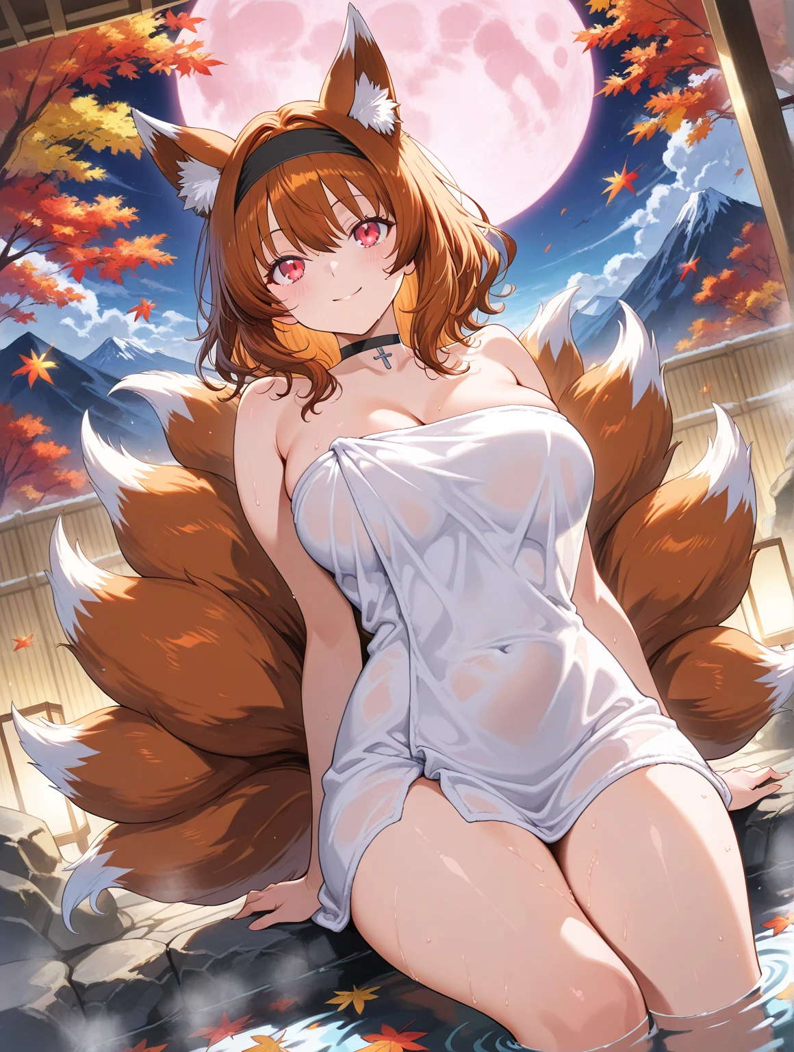 Beautiful fox woman, only fox ears(no human ears), gigantic , 6 tails, beautiful smile, 