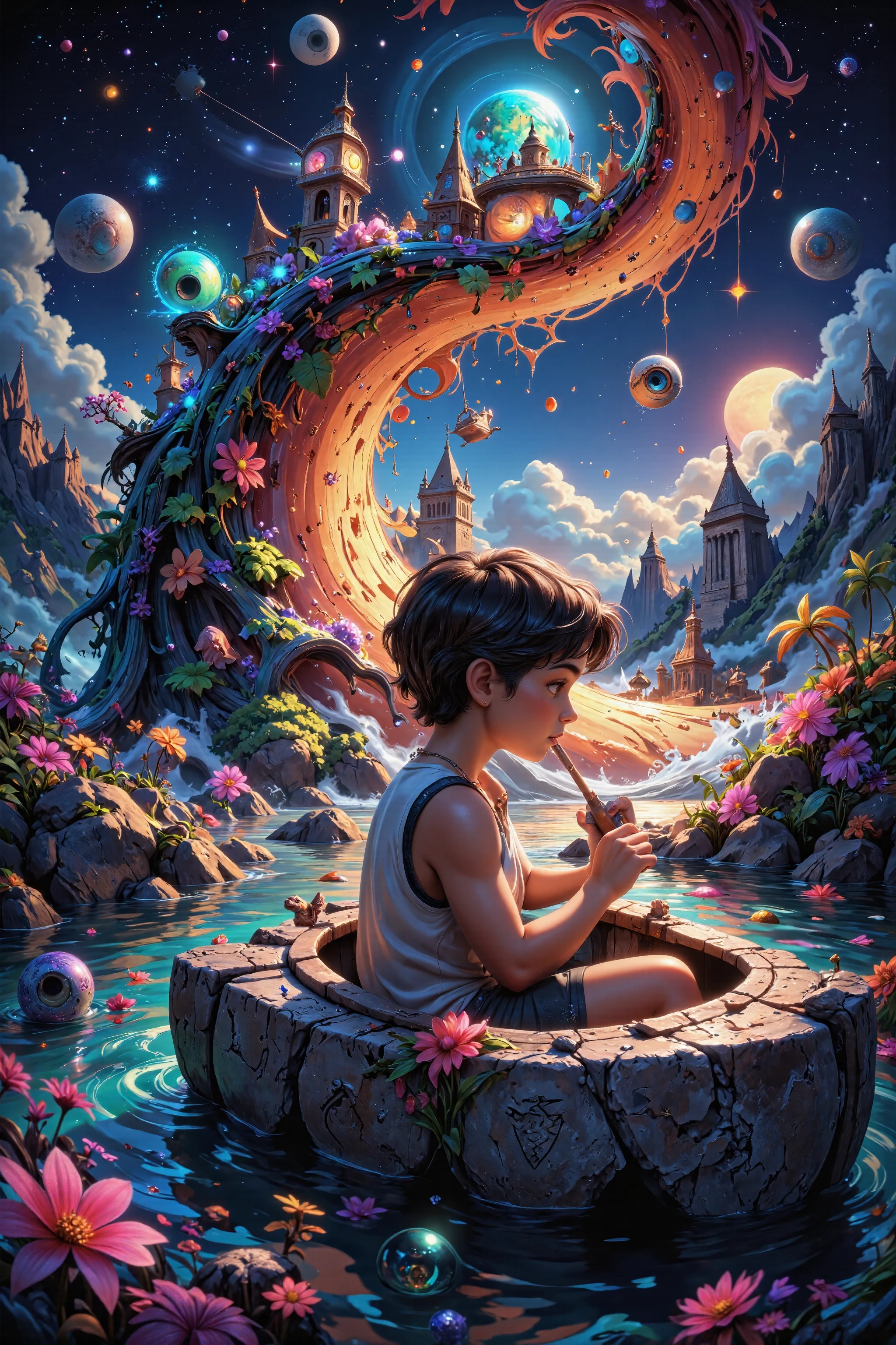 Surrealist pop art children's illustration with extreme detail, featuring a boy in a boat carved from stone. The scene explodes with saturated colors—acid greens, electric pinks, and cobalt blues. The water beneath is rendered as interlocking puzzle pieces of different realities—some parts photorealistic ocean, others cartoon waves, others digital grid patterns. The child's thoughts manifest as neon tube-like structures that bend impossibly through dimensions, functioning as oars but occasionally transforming into flowering vines or mathematical equations. Their head appears as a miniature glass terrarium containing tiny architectural structures, floating books, and microscopic galaxies. Background elements include: giant floating eyeballs with kaleidoscopic irises, impossible Escher-like staircases leading to nowhere, and vintage scientific illustrations that come alive at the edges. The style combines vector precision with hand-drawn chaos, creating a visual feast with hundreds of discoverable details. visually depicting the meaning of the words :
"The wind and the sun and the moon and the sky, Are faithful companions,
Always by my side.
The wind blows direction. The sun is my guide.
The sea that surrounds me, Reflects the whole sky.
"As above, so below!" Said the sea to the sky, The wind blowing gently as the sun caught my eye. "As below, so above!" said the sky to the sea,
"Do I reflect you or do you reflect me?"