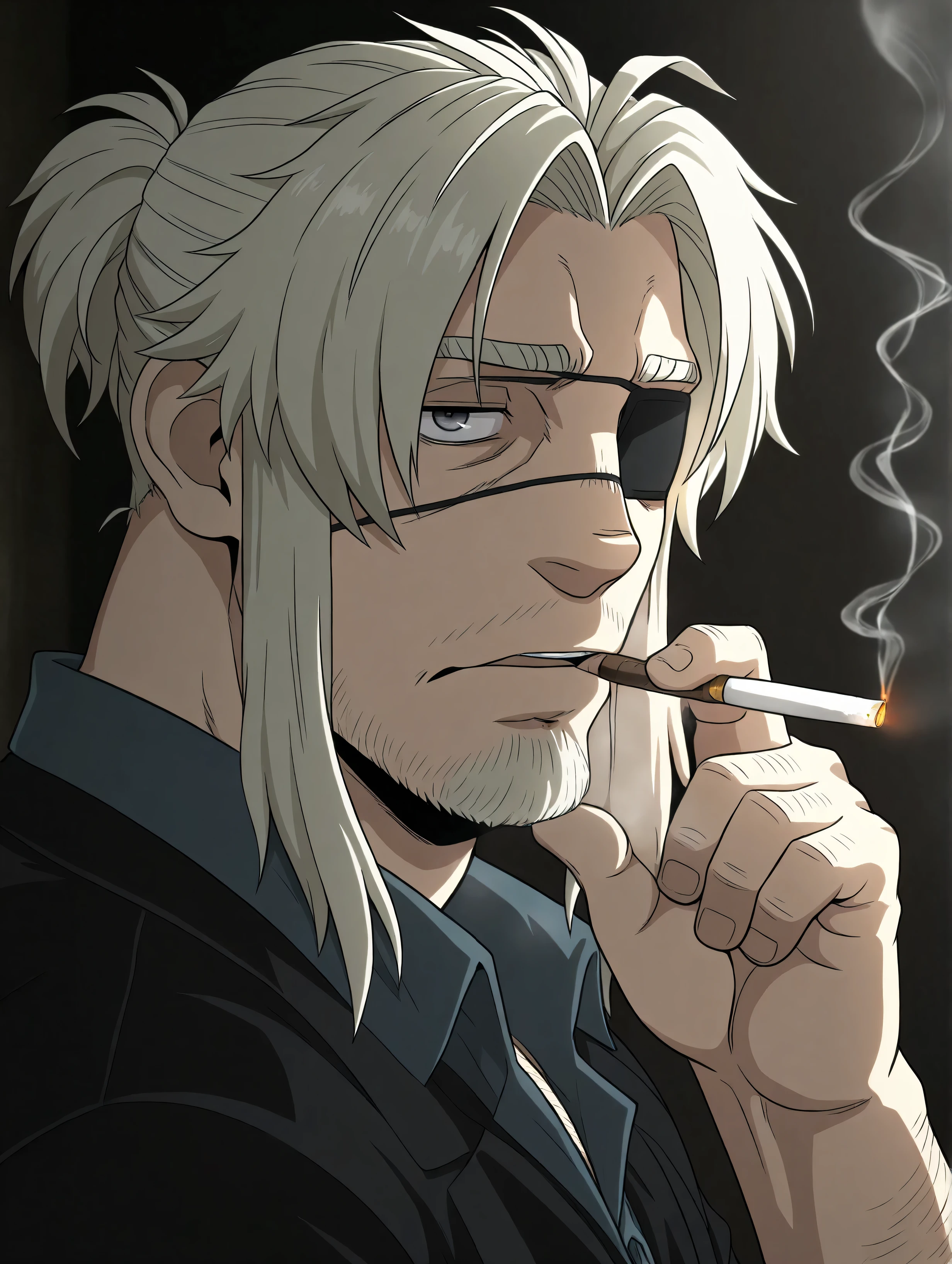 masterpiece, best quality, amazing quality, Worick Arcangelo, grey eyes, eyepatch, beard, acial hair, Blonde hair, 1 boy, male focus, bara, solo, smoking, Gray-blue eyes