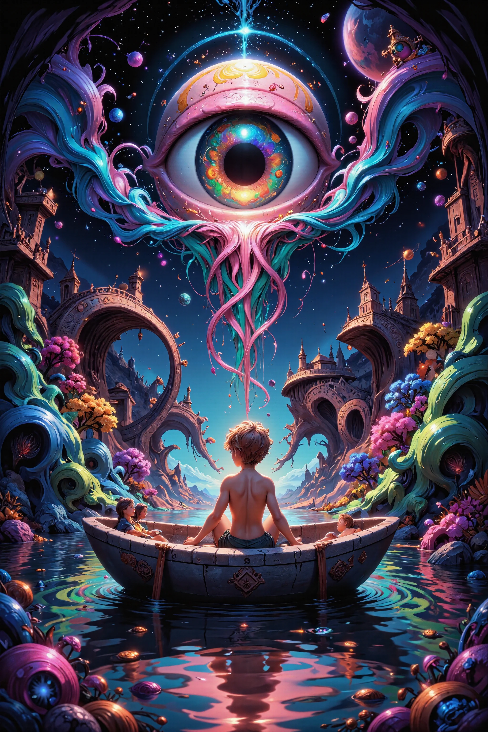 Surrealist pop art children's illustration with extreme detail, featuring a boy in a boat carved from stone. The scene explodes with saturated colors—acid greens, electric pinks, and cobalt blues. The water beneath is rendered as interlocking puzzle pieces of different realities—some parts photorealistic ocean, others cartoon waves, others digital grid patterns. The child's thoughts manifest as neon tube-like structures that bend impossibly through dimensions, functioning as oars but occasionally transforming into flowering vines or mathematical equations. Their head appears as a miniature glass terrarium containing tiny architectural structures, floating books, and microscopic galaxies. Background elements include: giant floating eyeballs with kaleidoscopic irises, impossible Escher-like staircases leading to nowhere, and vintage scientific illustrations that come alive at the edges. The style combines vector precision with hand-drawn chaos, creating a visual feast with hundreds of discoverable details. visually depicting the meaning of the words :
"The wind and the sun and the moon and the sky, Are faithful companions,
Always by my side.
The wind blows direction. The sun is my guide.
The sea that surrounds me, Reflects the whole sky.
"As above, so below!" Said the sea to the sky, The wind blowing gently as the sun caught my eye. "As below, so above!" said the sky to the sea,
"Do I reflect you or do you reflect me?"