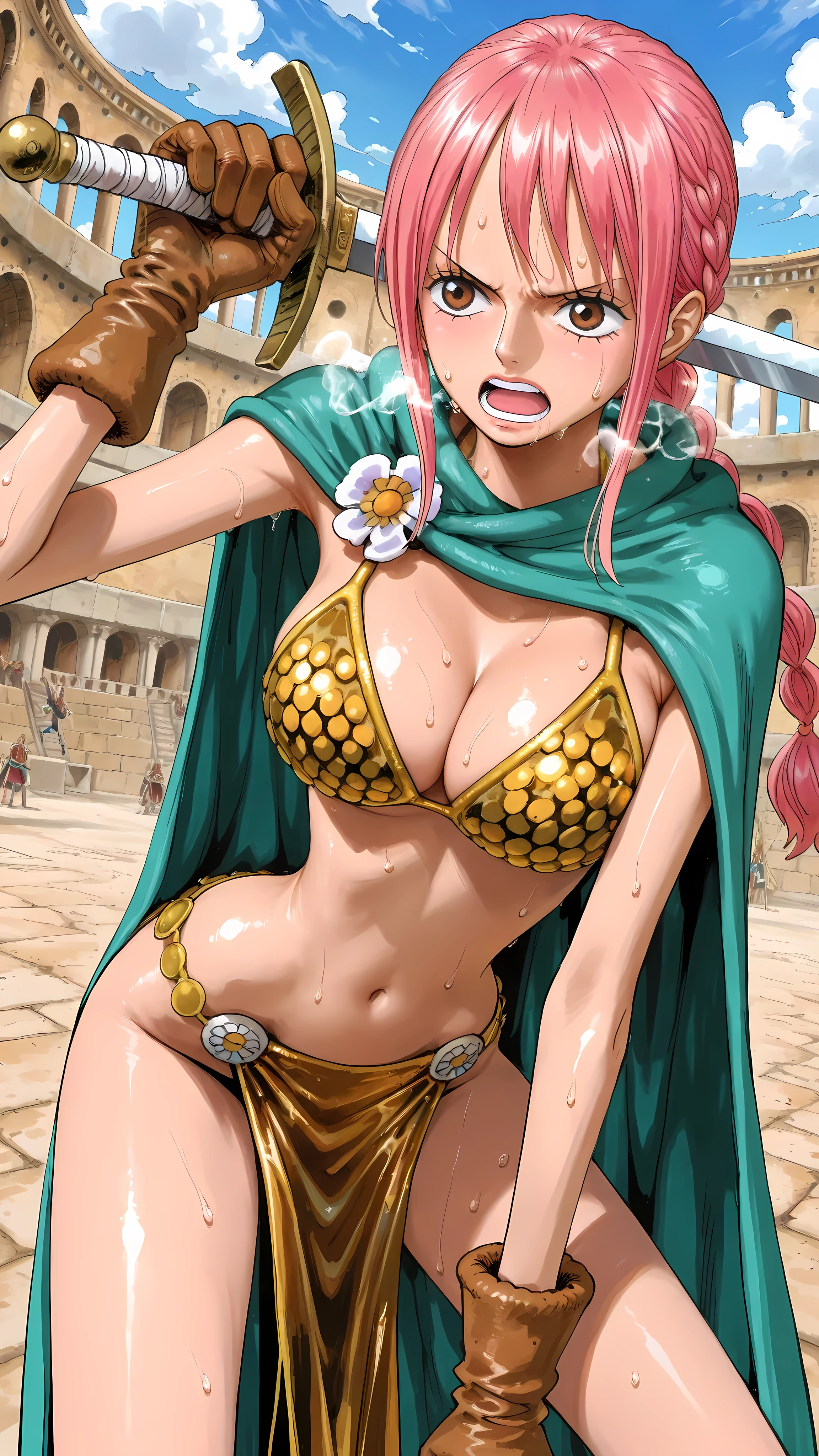 (masterpiece,best quality:1.2,amazing quality,very aesthetic, absurdres, newest), (full coloring), official style,( rebecca ,one piece),1girl,solo,(skinny:1.2), medium breasts, single braid hair, pink hair, brown eyes ,serious,painful,open mouth,heavy breath,sweat, bikini armor, gold bikini armor, green cape, gloves, cleavage, brown gloves, pelvic curtain, leaning forward ,fighting,fighting with a sword, Colosseum,dynamic angle,