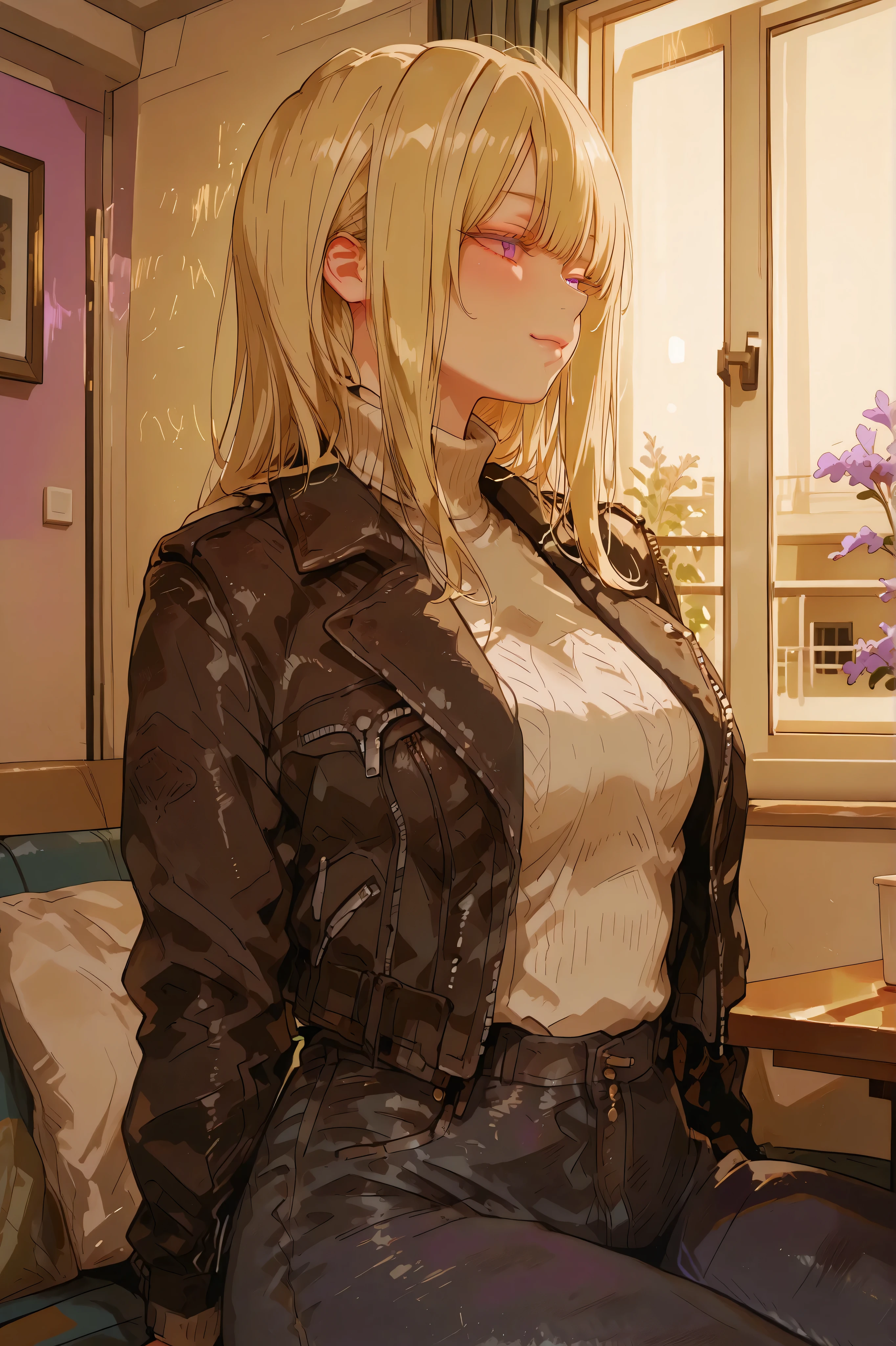 a confident and curvy young woman sitting at a table in a modern apartment interior, slightly irritated expression, posing sideways with a subtle profile view, short light blonde hair with straight bangs and loose side strands, lilac eyes with long eyelashes, wearing a tight dark turtleneck sweater that accentuates her chest, open leather jacket with white fur lining draped off her shoulders, high-waisted pants shaping her hips, cinematic warm indoor lighting, cozy apartment setting with soft shadows and furniture in the background, emphasis on her posture and body curves, realistic anime style, detailed textures, mature and alluring aura