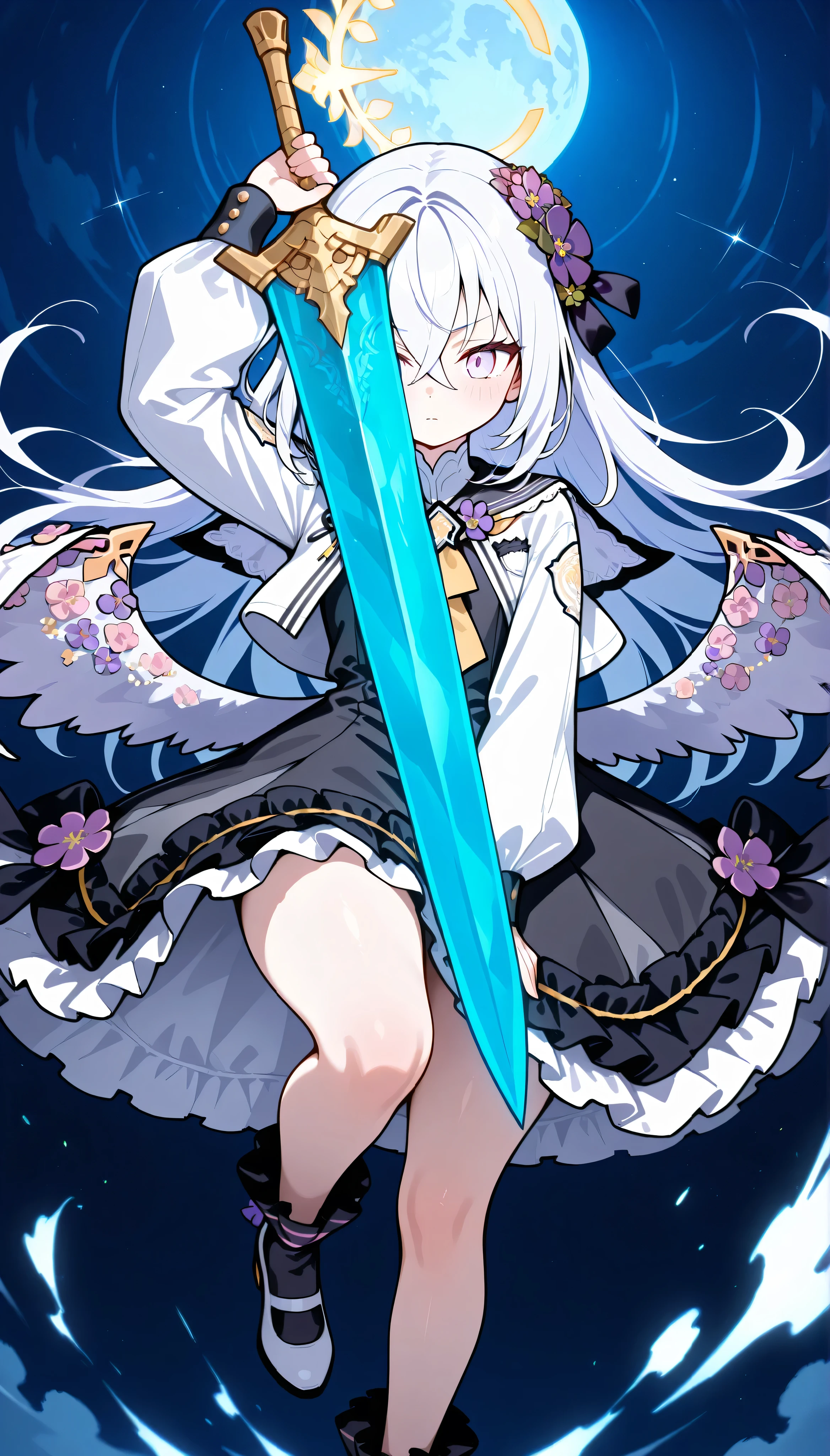 azusa (blue archive),purple eyes,white hair,long hair,wings,hair flower,halo, solo, I can see my eyebrows from the inside of my hair, hair between eyes, masterpiece, Best Quality, very aesthetic, thick thighs, white capelet,black sailor collar,black frilled dress,white footwear, in the night, blue moon, (moonlight sword), Holding a weapon in hand, gripping sword, aiming a sword at down,