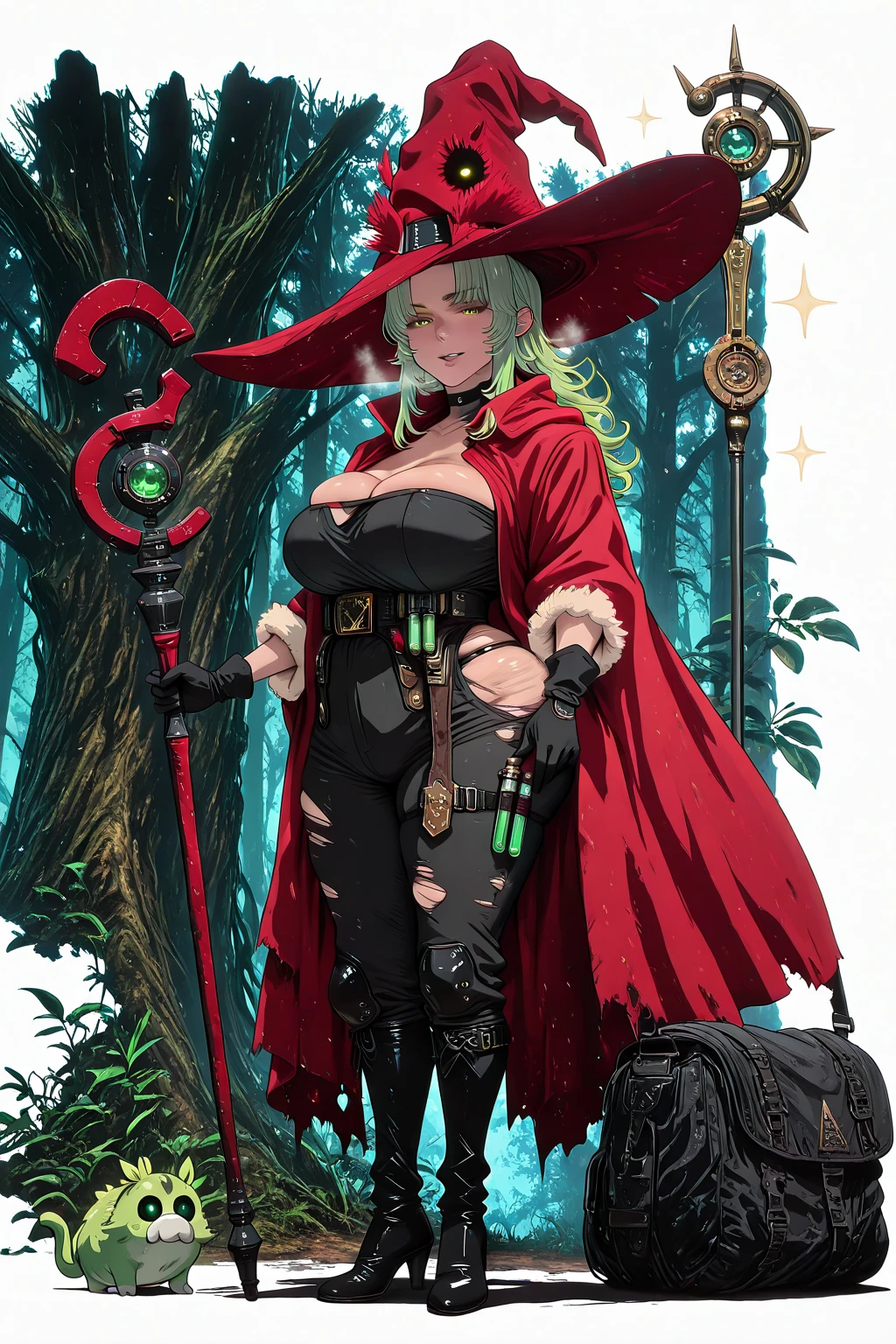 Sakuranotomoru, Hgk, (imizu_(nitro_unknown)-style:1.4), (voluptuous body:1.4), (mature female:1.4), (cellulite:1.3), ((anatomical correct)), ((Cinematic, unreal engine, eye-catching, ambient occlusion, UHD, masterpiece)), ((perfect lighting, soft shadow)), perfect body, perfect eyes, perfect fingers, gasping, heavy breathing, gasping profusely, (()), ((curvy)), long hair, green hair, parted bangs, forehead, yellow eyes, green eyes, heterochromia, , plump, 1girl, hat, high heels, witch hat, holding, staff, solo, full body, standing, boots, , holding staff, high heel boots, black footwear, looking at viewer, gloves, dark skin, pointy ears, pants, red headwear, black pants, cape, closed mouth, belt, cleavage, plant, black gloves, armor, creature, red cape, bag, white background, sparkle, vial, forest, low light, torn, bokeh, shaded face, hollow eyes, smirk, upper teeth only,