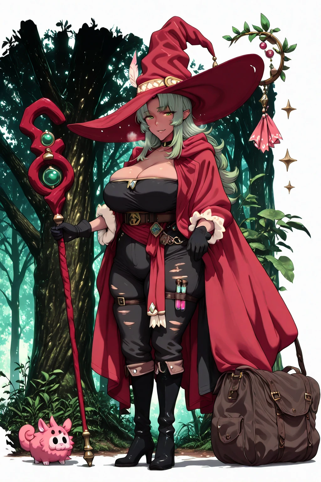 Sakuranotomoru, Hgk, (mana_(remana)-style:1.3), (imizu_(nitro_unknown)-style:1.4), (packge-style:1.2), (himadera-style:1.2), (voluptuous body:1.4), (mature female:1.4), (cellulite:1.3), ((anatomical correct)), ((Cinematic, unreal engine, eye-catching, ambient occlusion, UHD, masterpiece)), ((perfect lighting, soft shadow)), perfect body, perfect eyes, perfect fingers, gasping, heavy breathing, gasping profusely, (()), ((curvy)), long hair, green hair, parted bangs, forehead, yellow eyes, green eyes, heterochromia, , plump, 1girl, hat, high heels, witch hat, holding, staff, solo, full body, standing, boots, , holding staff, high heel boots, black footwear, looking at viewer, gloves, dark skin, pointy ears, pants, red headwear, black pants, cape, closed mouth, belt, cleavage, plant, black gloves, armor, creature, red cape, bag, white background, sparkle, vial, forest, low light, torn, bokeh, shaded face, hollow eyes, smirk, upper teeth only,
