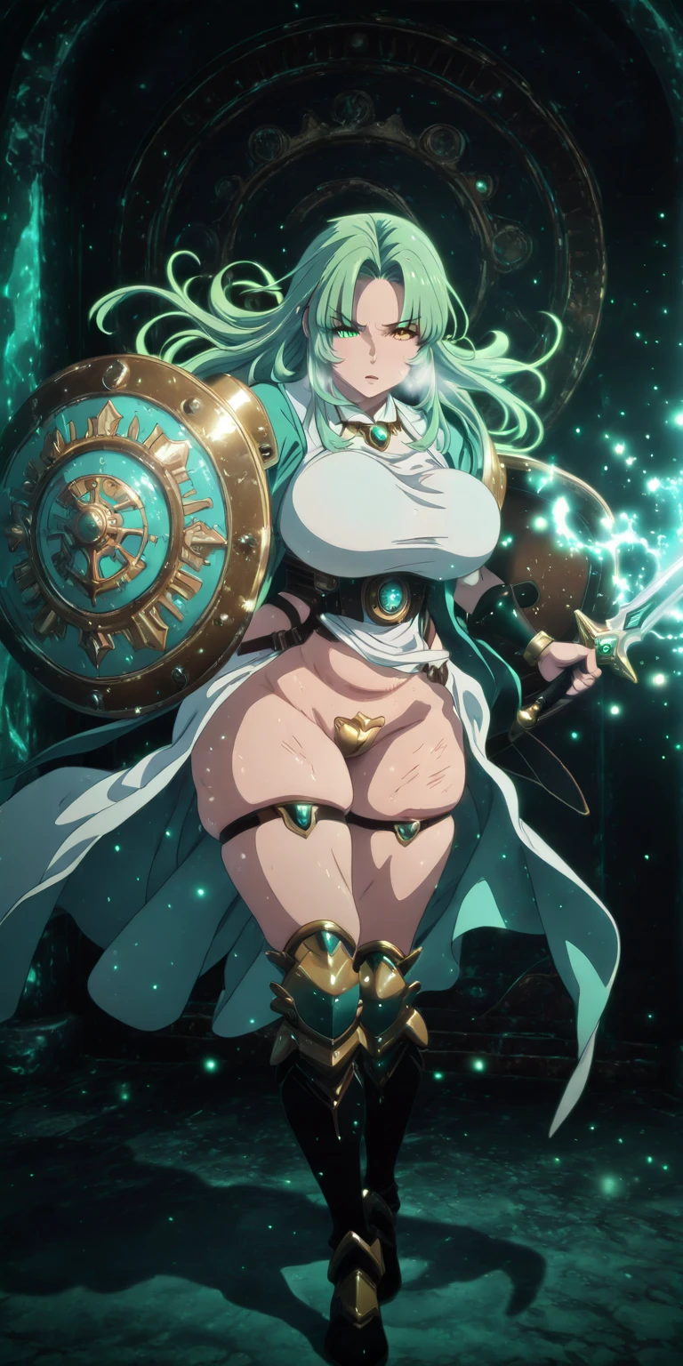 Sakuranotomoru, Hgk, (imizu_(nitro_unknown)-style:1.4), (voluptuous body:1.4), (mature female:1.4), (cellulite:1.3), ((anatomical correct)), ((Cinematic, unreal engine, eye-catching, ambient occlusion, UHD, masterpiece)), ((perfect lighting, soft shadow)), perfect body, perfect eyes, perfect fingers, gasping, heavy breathing, gasping profusely, ((skindentation)), ((curvy)), long hair, green hair, parted bangs, forehead, yellow eyes, green eyes, heterochromia, large breasts, plump, epic art, fantasy, breast press, 1girl, solo, breasts, white dress, egyptian clothes, maebari, bottomless, crotch plate, sword, holding sword, (shield:1.3), (holding shield:1.3), (aqua theme:1.3), splash art, magic, enchanting magic spell, fantasy art, lens flare, bokeh, hair flowing over,