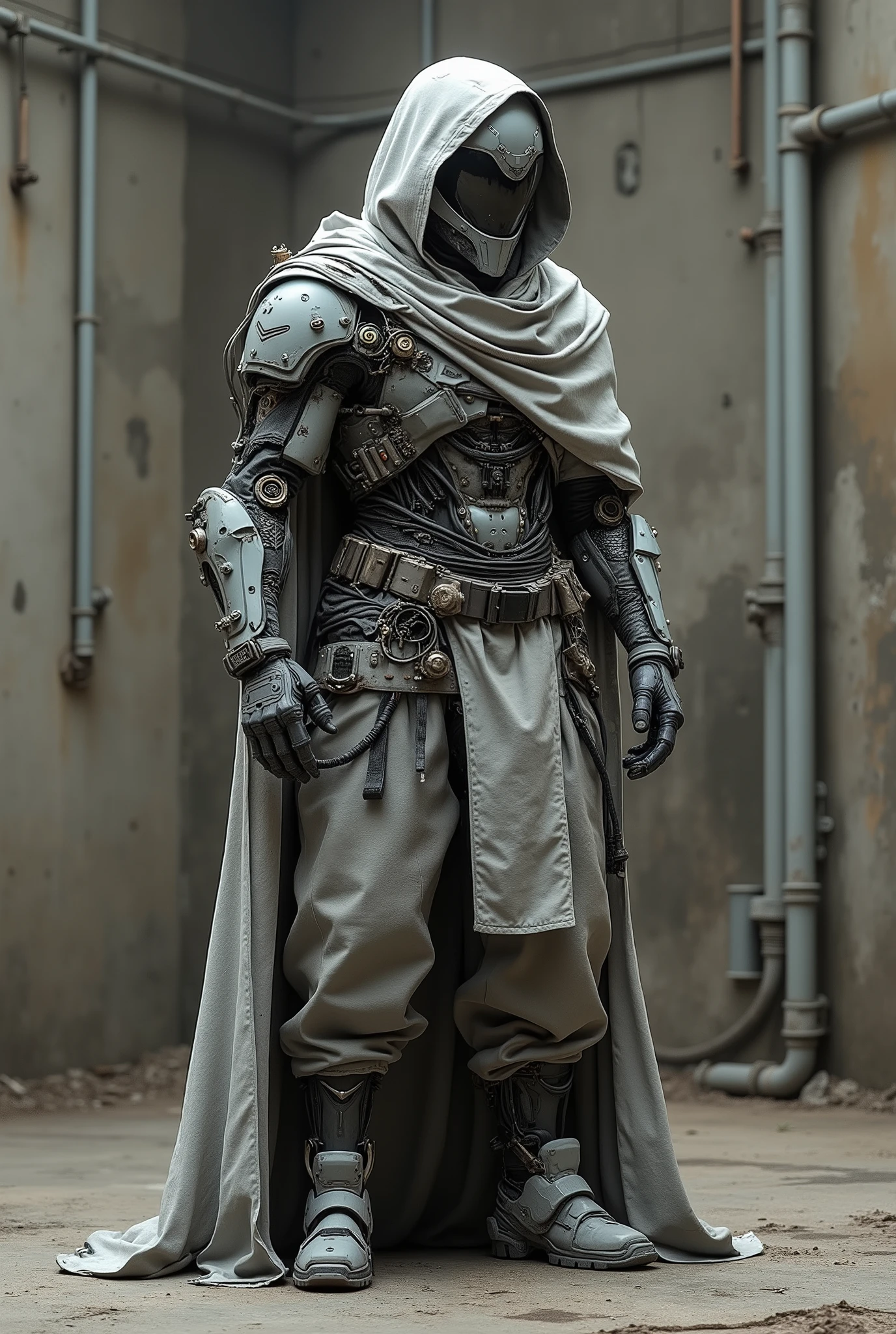 JA,((masterpiece)),((best quality)),((high detail)),((realistic)),
sharp photo of a futuristic warrior-like figure wearing a white helmet with a black visor, a grey hooded cloak draped over their shoulders, and grey pants with black and white accents. The warrior's armor is made up of various mechanical components, including gears, wires, cables, and other mechanical components. The background is very dirty concrete walls, and very old plumbings, The overall style of the image is futuristic and technological. (((((full body))))), show full body from head to toes, Pointed toes, wide shot


