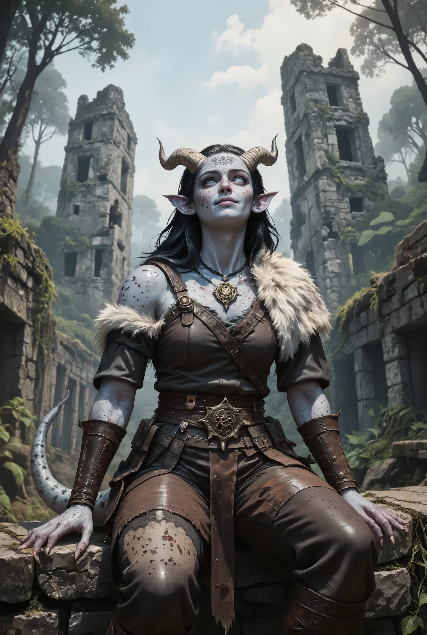 A female tiefling with pale, almost luminous skin, sits atop a weathered stone bridge, her Beastmaster attire blending seamlessly with the jungle surroundings. The rugged hides of her tunic and leggings are stitched with claw marks, a testament to her affinity for the feral creatures she's bonded with. A furred shoulder wrap is draped across her chest, its softness a stark contrast to the rough texture of the leather trousers, which are patched with sinew and fray at the hem. A delicate, hand-tooled talisman necklace adorns her neck, its intricate design carved from the fangs of some ancient predator. The pendant hangs low, resting above the swell of her breast, a subtle accent to her overall ensemble. The tiefling's eyes gleam with a mixture of curiosity and a hint of mischief, as they gaze upward, drinking in the majesty of the jungle's canopy. Her attention is drawn to the crumbling towers, which rise above the treetops like skeletal fingers, their stone surfaces slowly being reclaimed by the insistent grasp of vines. Her face is a picture of serenity, the lines of her features softened by the gentle curves of her horns, which curl upward from her forehead like delicate, twisted flowers. The demonic forked tail that protrudes from her lower back seems to twitch with suppressed energy, as if it's urging her to rise and explore the ruins that stretch out before her. The air around her is heavy with the scent of damp earth and decaying stone, but her presence seems to draw forth a subtle undercurrent of magic, as if the very jungle itself is responding to her presence. The light filtering through the canopy above casts dappled shadows across her face, highlighting the sharp planes of her cheekbones and the smattering of freckles across her nose. Her lips curve into a subtle, enigmatic smile, as if she's privy to some secret knowledge that she's reluctant to share. The overall effect is one of quiet confidence, as if the tiefling is the only one who truly understand