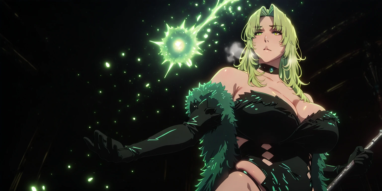 Sakuranotomoru, Hgk, (imizu_(nitro_unknown)-style:1.4), (mana_(remana)-style:1.2), (voluptuous body:1.4), (mature female:1.4), (cellulite:1.3), ((anatomical correct)), ((Cinematic, unreal engine, eye-catching, ambient occlusion, UHD, masterpiece)), ((perfect lighting, soft shadow)), perfect body, perfect eyes, perfect fingers, gasping, heavy breathing, gasping profusely, (()), ((curvy)), long hair, green hair, parted bangs, forehead, yellow eyes, green eyes, heterochromia, , plump, epic art, fantasy, 1girl, , solo, vastaya, cleavage, large_breasts, bare_shoulders, elbow_gloves, staff, choker, glow effects, godrays