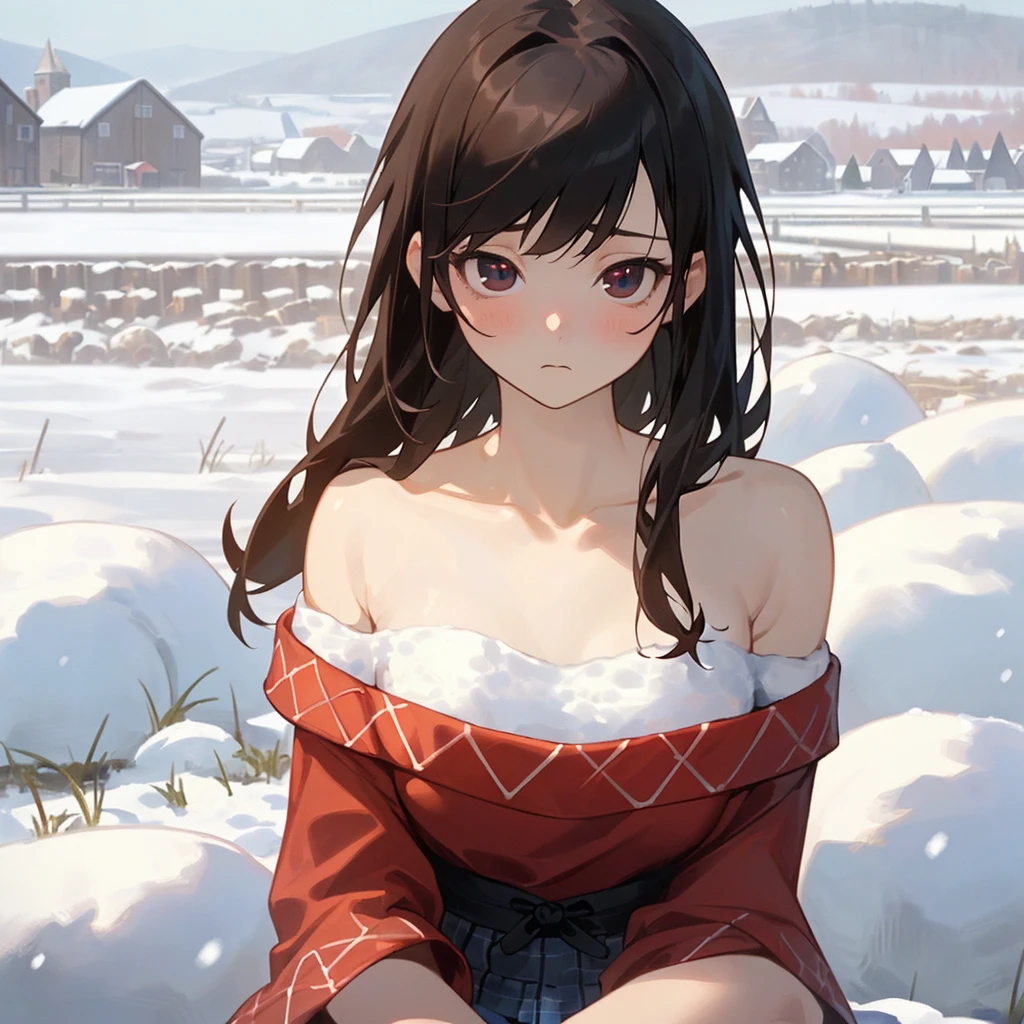 One personの美しい女性, One person, black hair, long hair, bungs, red eyes, Love, , (Winter plain clothes :1.5), Valley, Snow Scenery , solo, masterpiece, top quality, Super Detail