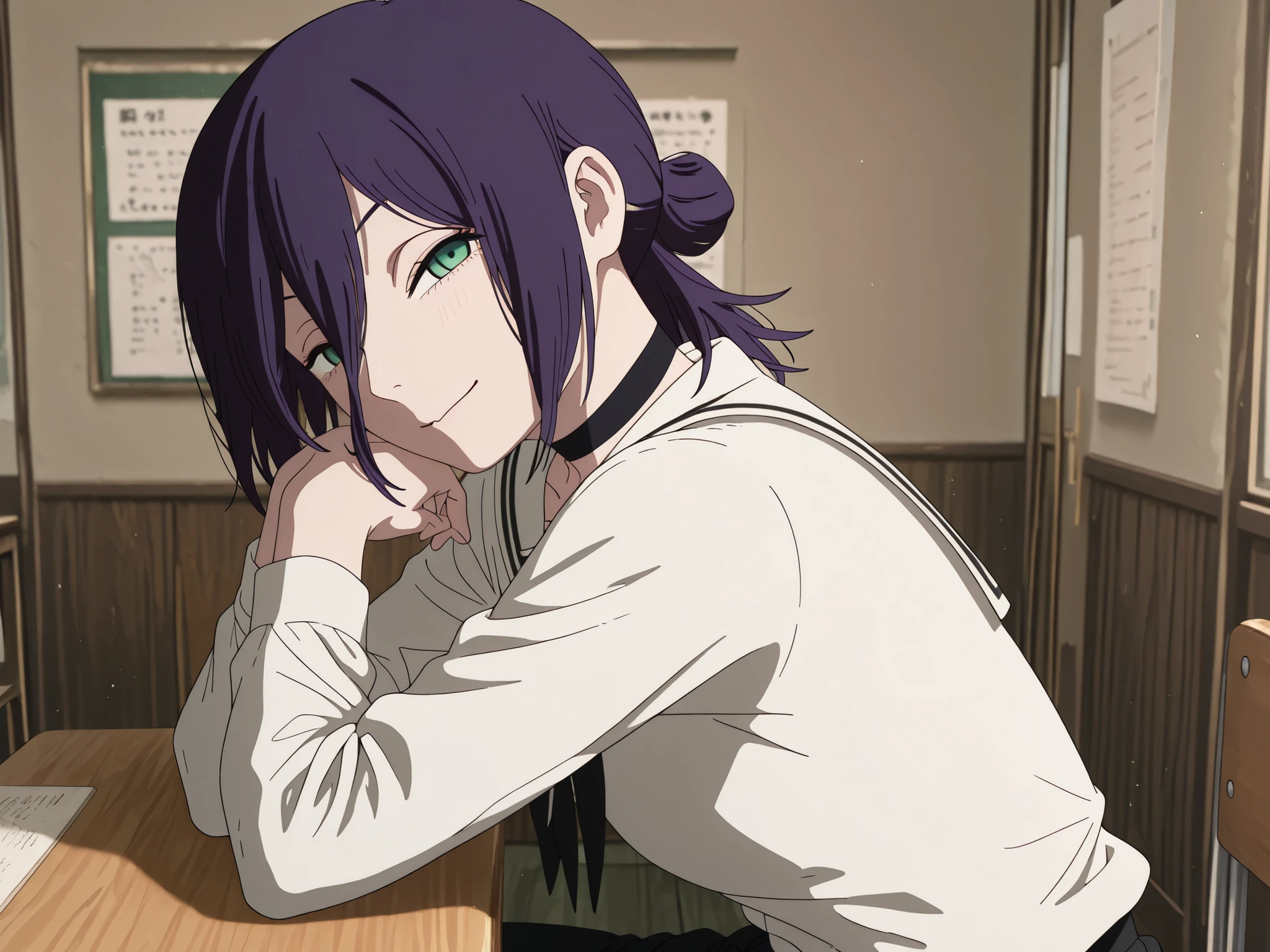 (masterpiece, detailed:1.2), proportional body, proportional, reze, black choker, purple hair, choker, eyebrows hidden by hair, green eyes, hair between eyes, long bangs, medium hair, reze from chainsaw man, long bangs, medium hair,,school uniform, smile. seductive, sitting, side view, floating hair, head tilt, looking at viewer, arms on table, facing viewer,