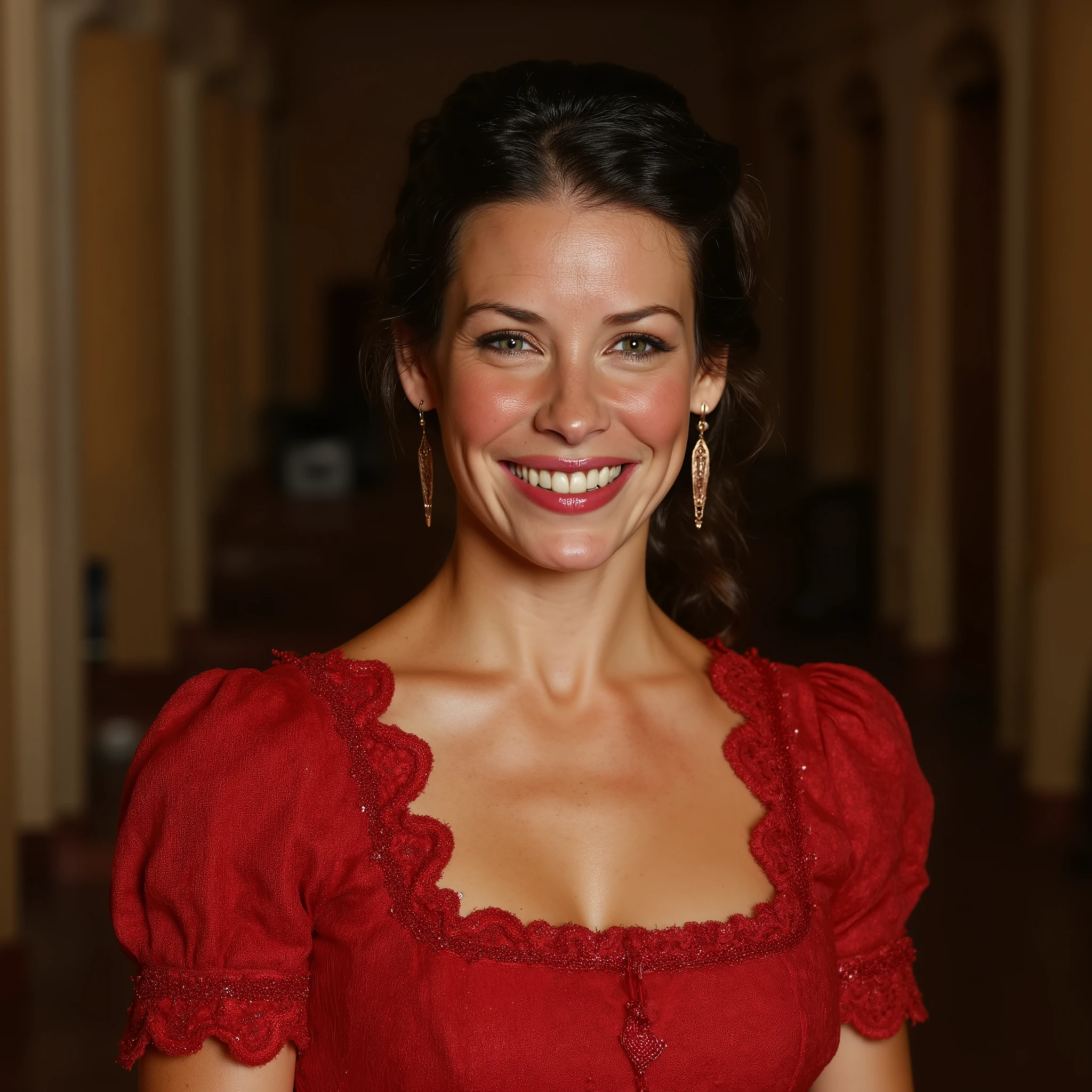 A professional close-up photo of Evangeline Lilly. She wears beautiful red laced dress of 19th century with low neckline. Evangeline Lilly, silky dark hair, tiny bosoms, small bosoms, red lips, smiling, professional photo, professional lighting, high quality