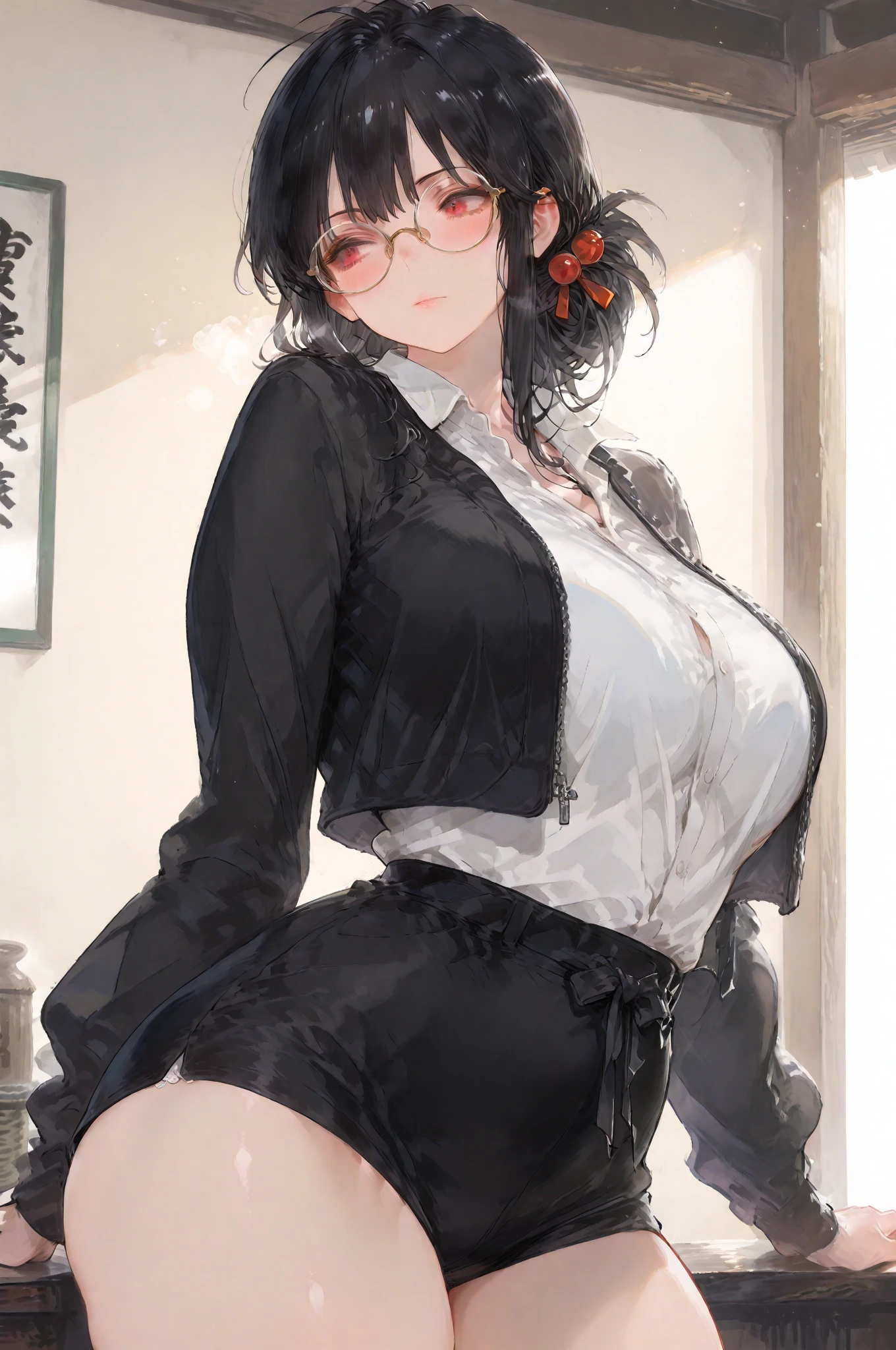 16K Ultra High Definition
Super detailed
The best of the best
Shiny detailed hair
Beautiful human woman with long hair
Super Big　plump meat
Black and white cow print kimono
Cow ears and cow small horns
Shiny skin
Red cheeks
Moisturized eyes
Wearing glasses
Reading a book at a desk
Rich ??????? on desk on library background