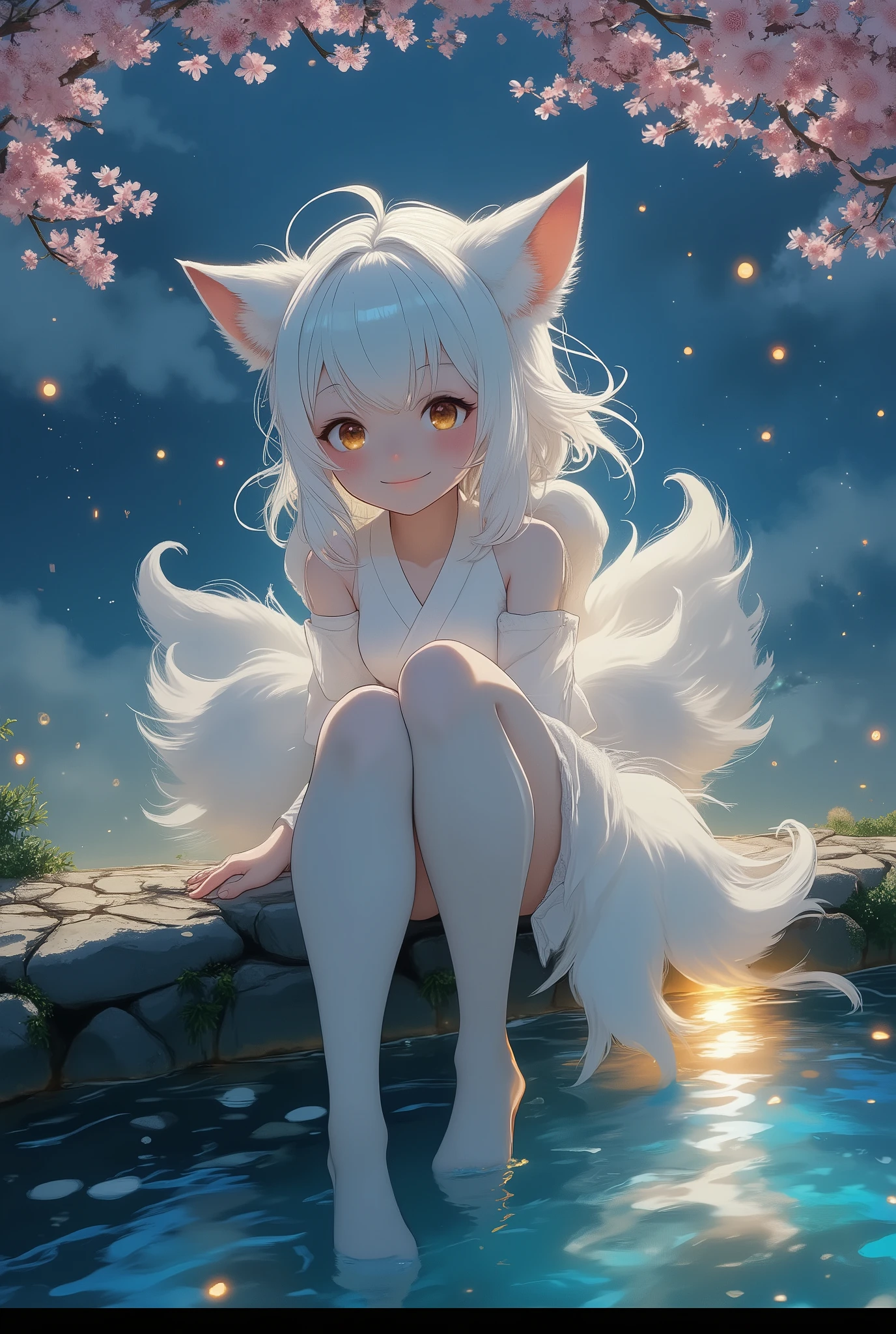 masterpiece, best quality, ultra detailed 1girl, cute fox spirit (kitsune) with multiple fluffy white tails and big amber eyes, sitting elegantly on the edge of a natural hot spring, touching the water with her tiptoes. Shy playful smile, blushing, fluffy fox ears. Night scene, steamy water, floating blossoms, glowing fireflies, serene and magical atmosphere, studio ghibli style.