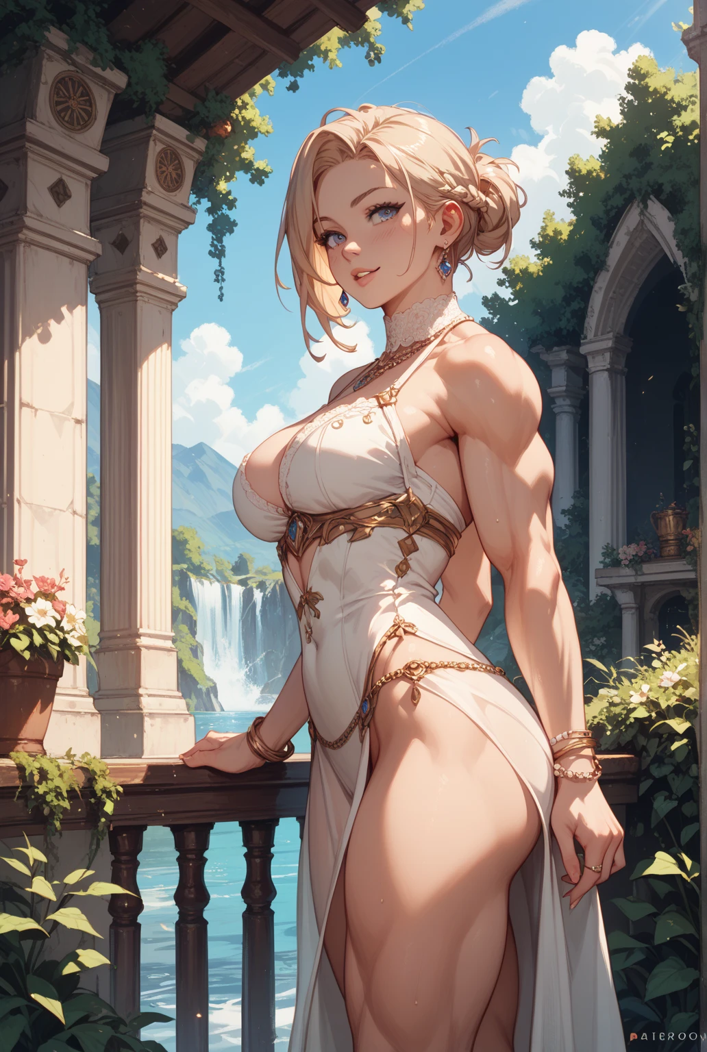 chubby girl, blonde, green eyes, medium length hair,open forehead, no bangs, square-rimmed black glasses,medium , large  
Greek style of clothing, ancient Greece, , open  
water, lake, waterfall 