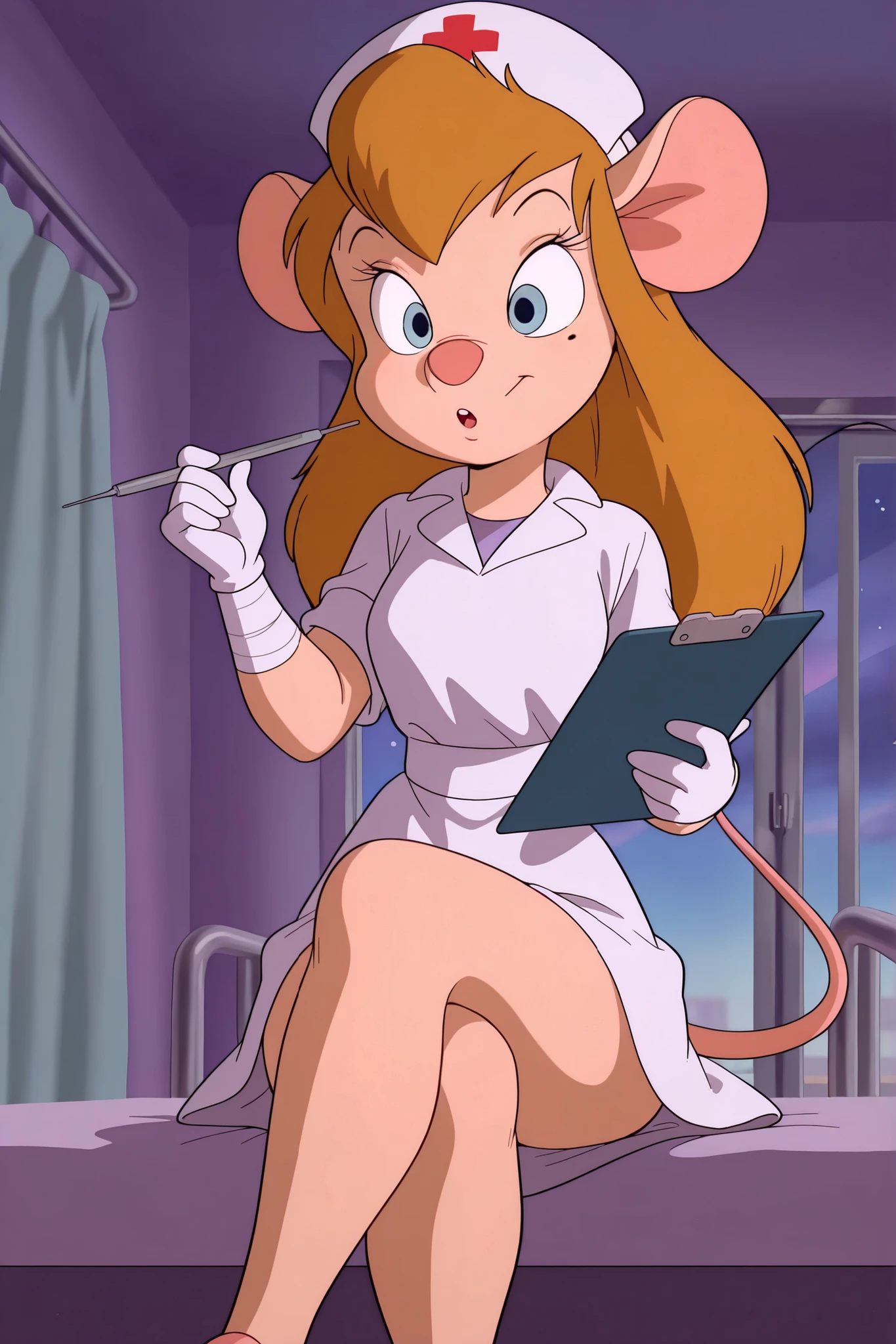 masterpiece, amazing quality, best quality, ultra-detailed, 8K, illustration, clear skin, ultra-detailed-eyes, soft skin, very awa, very as2, soft body, 1990s \(style\), official art, ga_ha, 1girl, blue eyes, long hair, animal ears, mouse, tail, nurse cap, white headwear, x hair ornament, mole under eye, white dress, short sleeves, bandaged arm, white gloves, white apron, sitting, hospital, crossed legs, holding clipboard, from below
