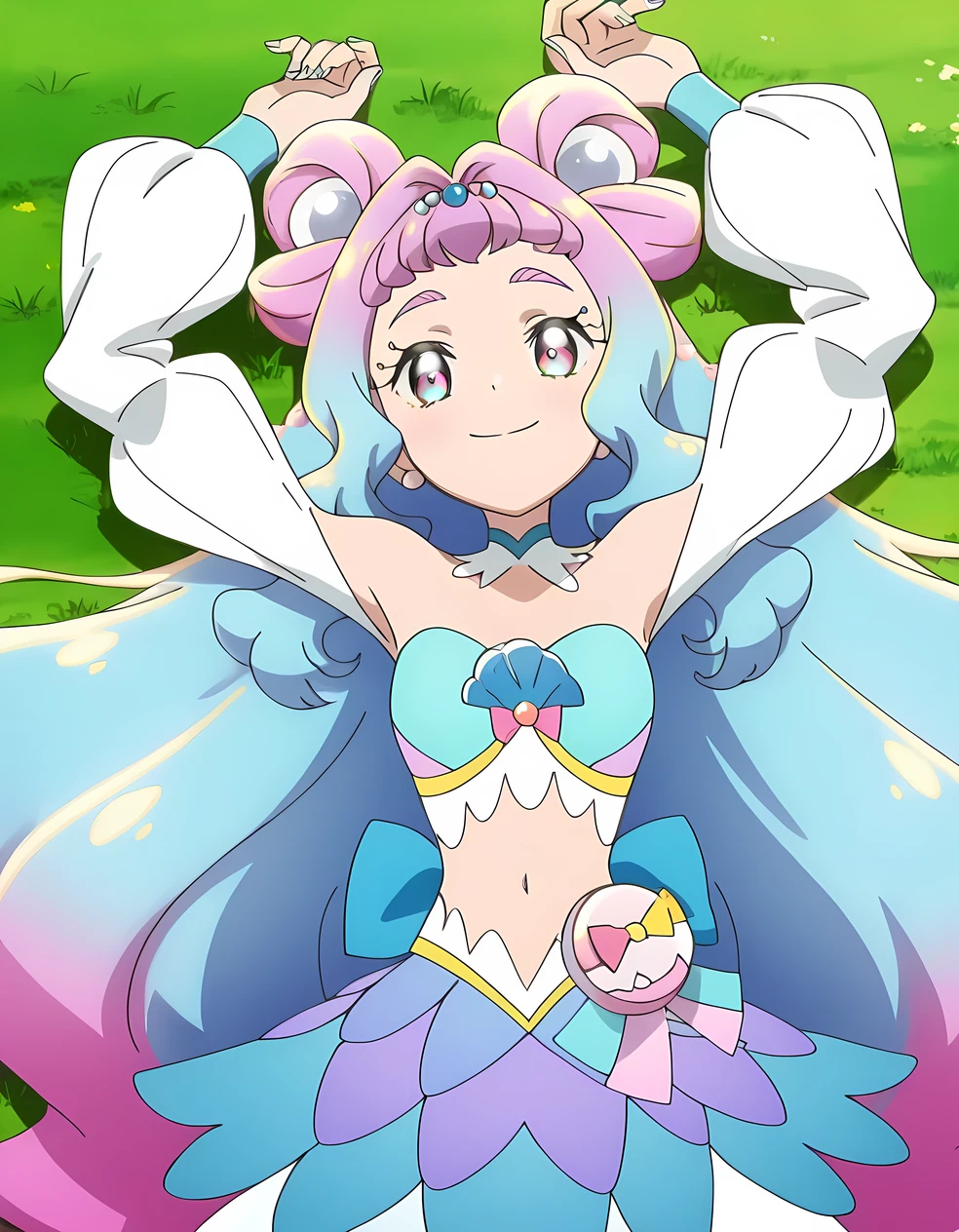 curelamer, lamercostume, anime screencap, high quality, solo, lying, on back, on grass, arms up, , overhead view, cowboy shot, closed mouth, looking at viewer, smile, best quality