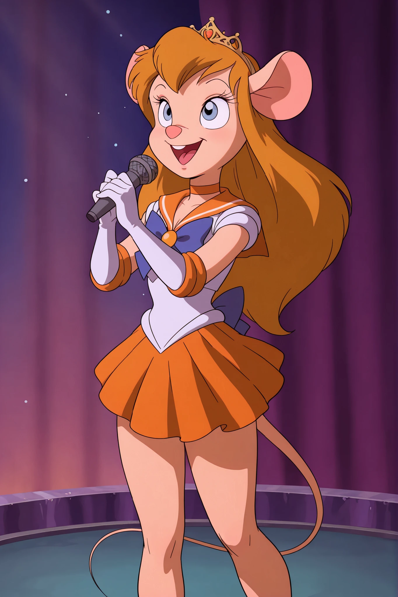 masterpiece, amazing quality, best quality, ultra-detailed, 8K, illustration, clear skin, ultra-detailed-eyes, soft skin, very awa, very as2, soft body, 1990s \(style\), official art, ga_ha, 1girl, blue eyes, long hair, animal ears, mouse, tail, hair bow, tiara, earrings, orange choker, orange sailor collar, blue bow, white shirt, elbow gloves, white gloves, pleated skirt, orange skirt, bare legs, orange heels, sailor senshi uniform, standing, cowboy shot, stage, singing, holding microphone, smile, open mouth