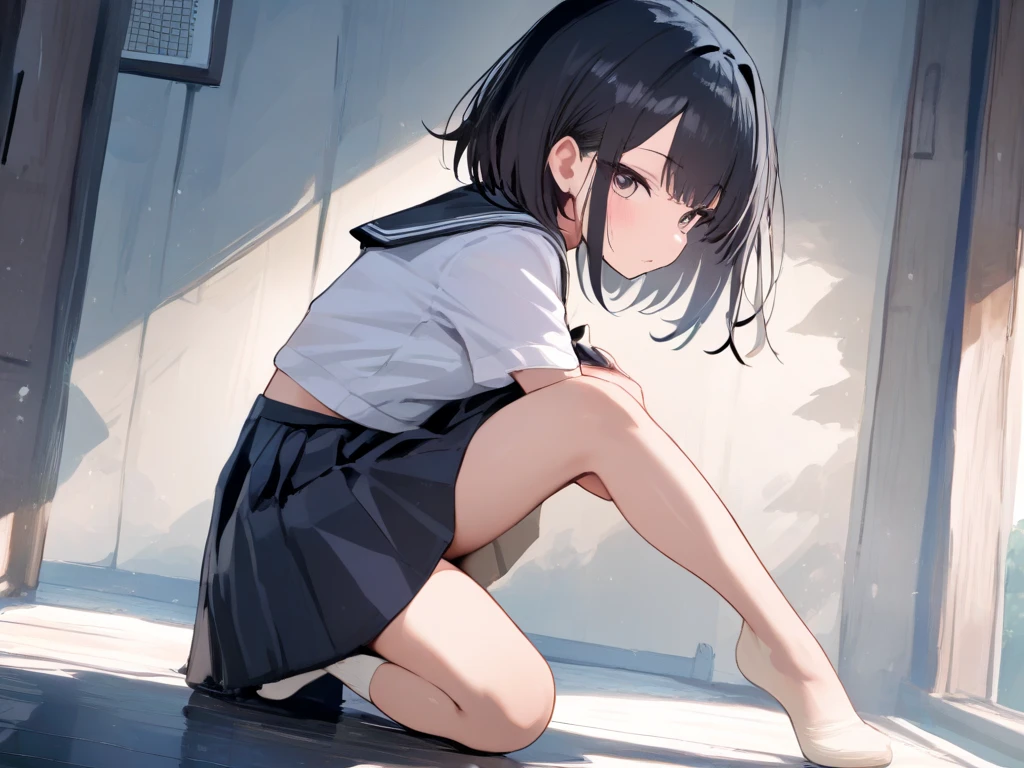 1girl, Peni parker\(spider verse\), gym uniform, buruma, kneehighs, sneakers, wariza, from above, wooden floor, blush, glaring, depth of field, masterpiece
