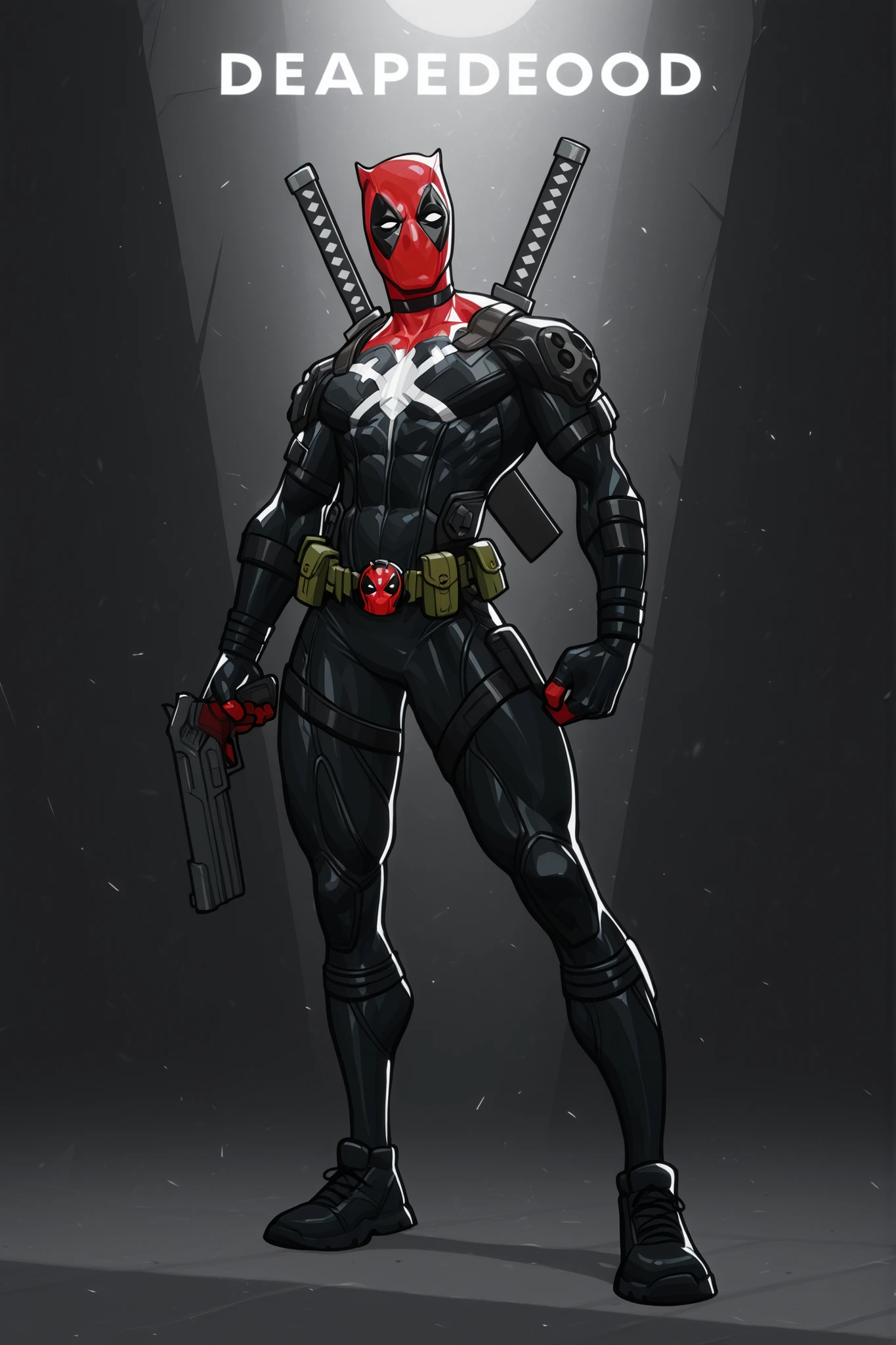 Deadpool standing, two katanas on back, utility belt, guns, black kevlar suit, athletic body, character design, 2d cartoon, 8k ultra HD, high quality, good lighting, good detailing, full body 