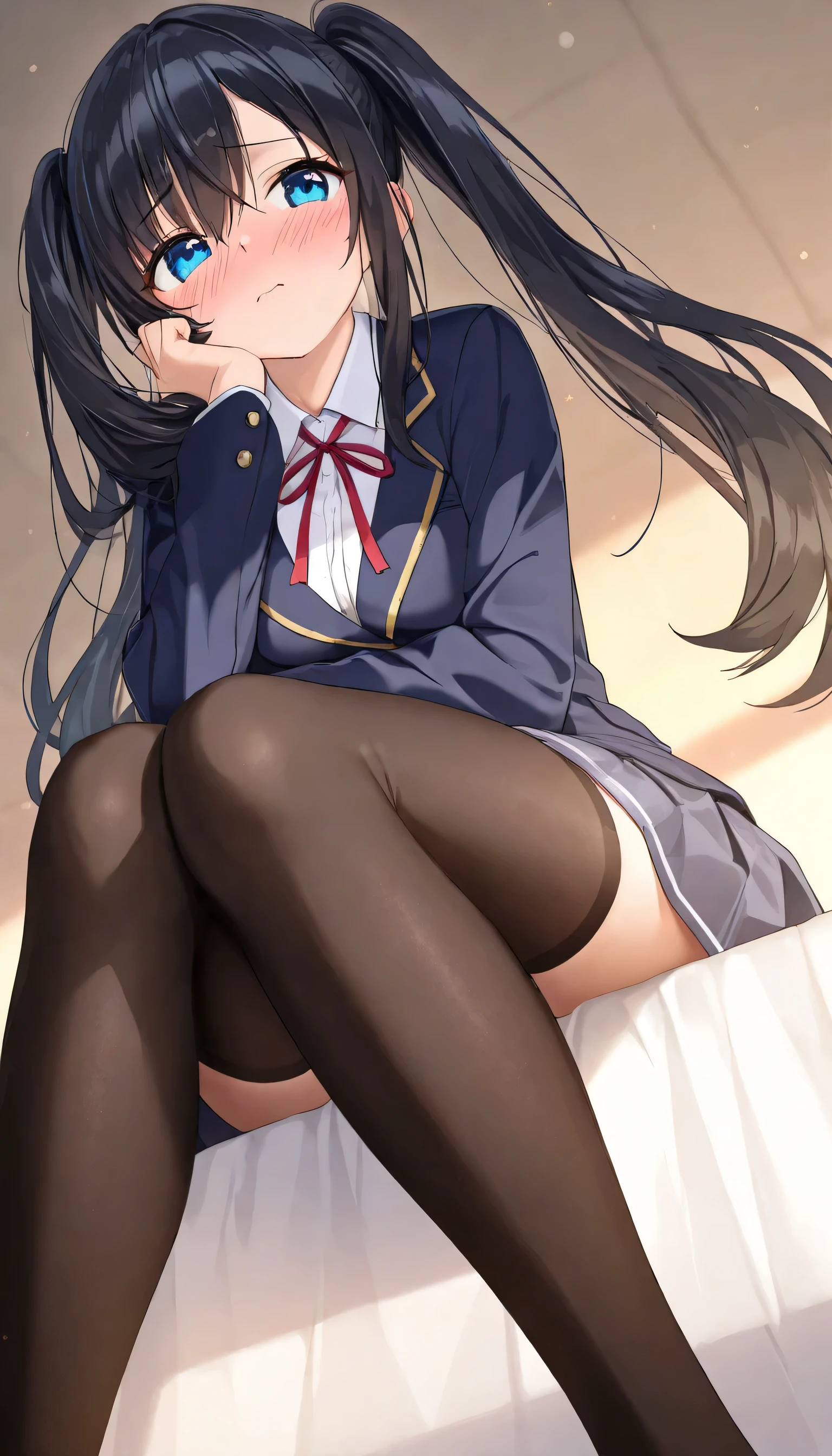 Takiinoue, Inoue Takina, Long hair, Bangs, Black hair, (Purple eyes:1.2), BREAK  shirt, Long sleeves, Dress, bow ribbon, School uniform, White shirt, Collared shirt, Belt bag, Neck ribbon, Blue Dress, Green Ribbon, pleated dress, grey dress, Two-tone dresses, Blue belt, Lycoris Uniform, ​masterpiece、top-quality、best、超A high resolution、intricate-detail、An ultra-fine illustrations、perfect anatomia、Correct anatomy、perfectly proportions、Full body of one schoolgirl、face perfect、Hands are２、perfect hand、The feet are in２、perfect leg、4 fingers and 1 thumb、Perfect fingers、18year old、女の子1人、Full body from head to leg、full bodyesbian、small tits、Thin leg、sitting down on the floor、Put on the floor、laying on back、Opening legs、Inter-strands、Lying on a white bed facing the front、Slender feet、legs slightly open、Sleeping in a big letter、Legs are spread、Panchira、Full body portrait、Panting face、red blush、Embarrassed look、A slightly sad look、white  panties、Pure white panties、Black_Stockings、black transparent stockings、Black knee socks、Black Knee High、Black stockings、Black pantyhose、Black Lace Pantyhose、black lence stockings、Black light pantyhose、Black transparent pantyhose、No shoes、No shoes on、White background under stockings_Pure white_panties on、Pure white underwear、Pure white panties、Panties are visible from the skirt、I took off my skirt、I don't wear a skirt、Pure white bra、Japanese high school students、Bedrooms、in a house、during daytime、（small tits）、((full body Esbian))、​masterpiece、（top-quality）