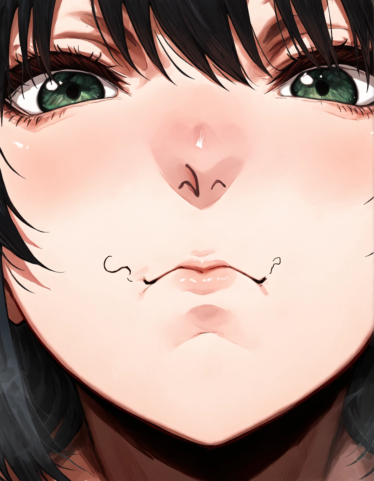 1 woman, age 40,kyou KAI, milf, NSFW, front view, mouth close-up, mouth focus, (random pubic hair), closed mouth, black hair,stray pubic hair,Mouth full of sperm