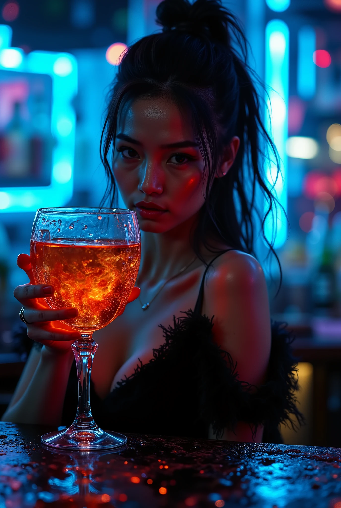 Hyperrealistic photo, a modern femme fatale bartender in a moody, neon-soaked bar. She's Asian, with sharp features and a sleek, high ponytail. Her expression is confident and enigmatic. She holds up a glass of swirling amber cocktail, the liquid illuminated by the intense blue and red neon lights from the bar backlight. The reflection in the glass is a distorted, beautiful mosaic of the cityscape at night. Wet spots on the dark bartop reflect the colors. Style of Gregory Crewdson, neon-noir, dramatic shadows, ultra detailed, 4k.