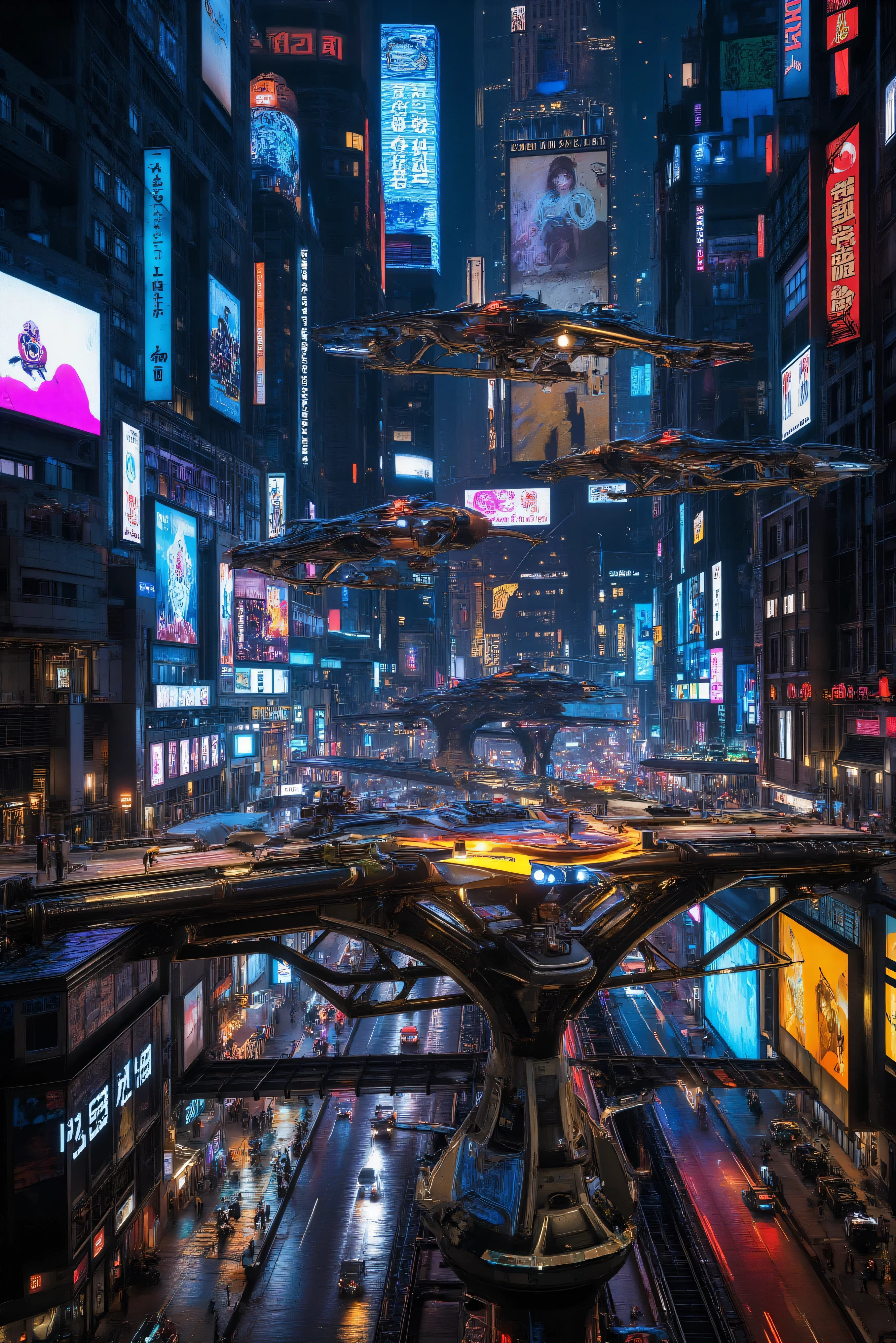 A very complex and crowded futuristic Cyberpunk cybercity at night, clear skies, towering skyscrapers, bright multicolored neon lights brightly lit video advertisements, hovercrafts, and hoverbikes, hover vehicles are everywhere, futuristic advanced technology, intricate details, ultra-realistic, cinematography. 3D rendered realism, raw photo, sky bridges, and several levels of flying traffic, hovercraft, hover vehicles, and hoverbikes everywhere. Clear crisp night. Lots of traffic. Contrast of dark black night and bright neon colored lights. Futuristic, advanced technology, intricate mechanical components, with complex internal circuitry and external electrical components with a detailed pattern of a beautiful new design. 8k, cinematic photography, cinematic lighting, photo-realistic, HDR, high-res best quality images, icon style, intricate details, dramatic colors and lighting,ultra-fine painting, vivid view, avant-garde images, unique, innovative concepts, futuristic experimental art style, aesthetically incredible, undeniably genius level architecture of the cybercity, octane render, trending on artstation, depth of field, realistic vision, and masterpiece.