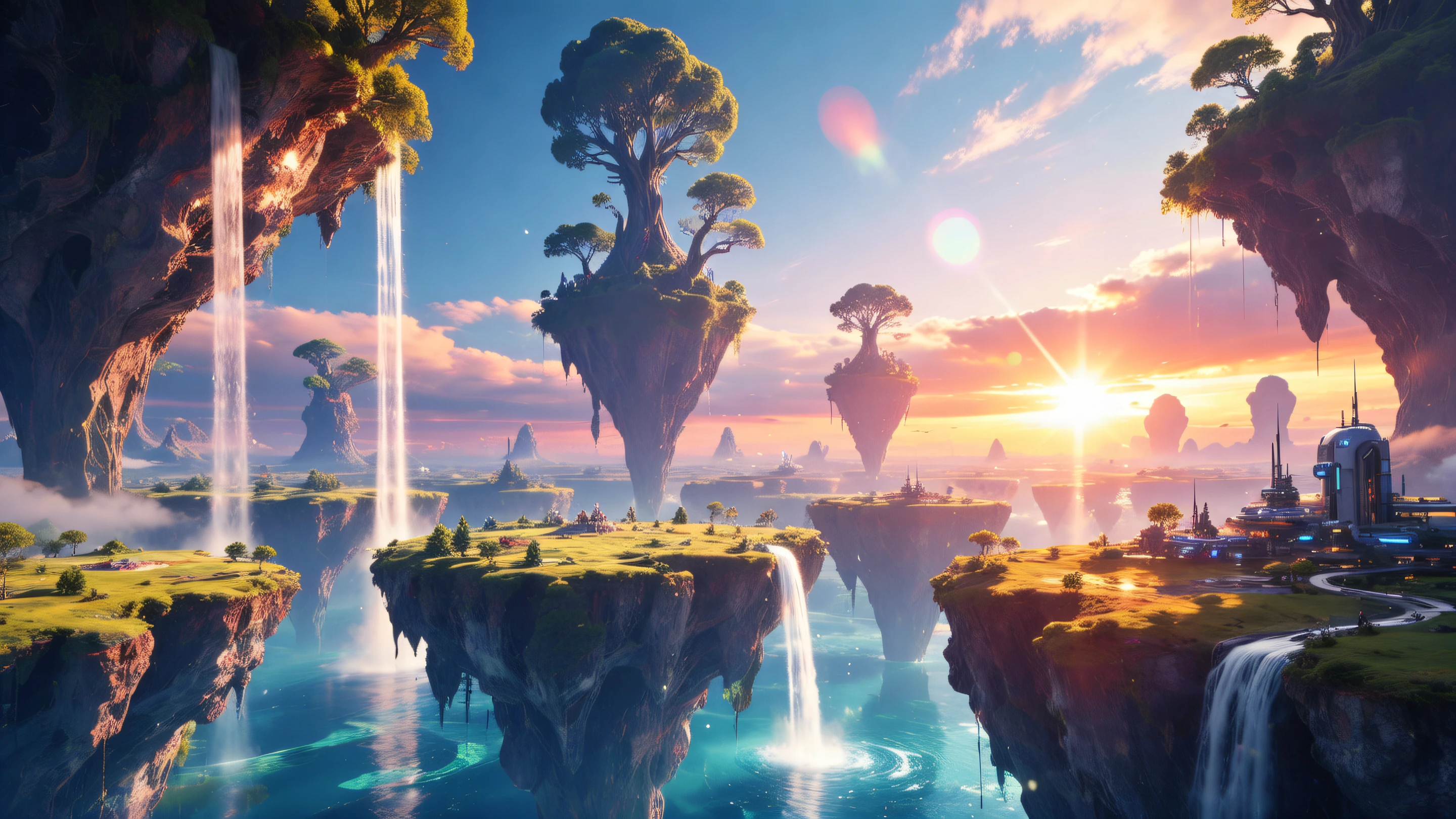 Massive interconnected floating islands in a futuristic dreamscape, multiple waterfalls connecting the landmasses with impossible physics, realistic photography style with subtle sci-fi elements, towering alien yet familiar trees, small advanced civilization visible in the distance, dramatic sunset lighting with lens flares, parallel dimension aesthetic, atmospheric perspective showing vast scale, crystal-clear water reflecting the colorful sky, photorealistic textures and details