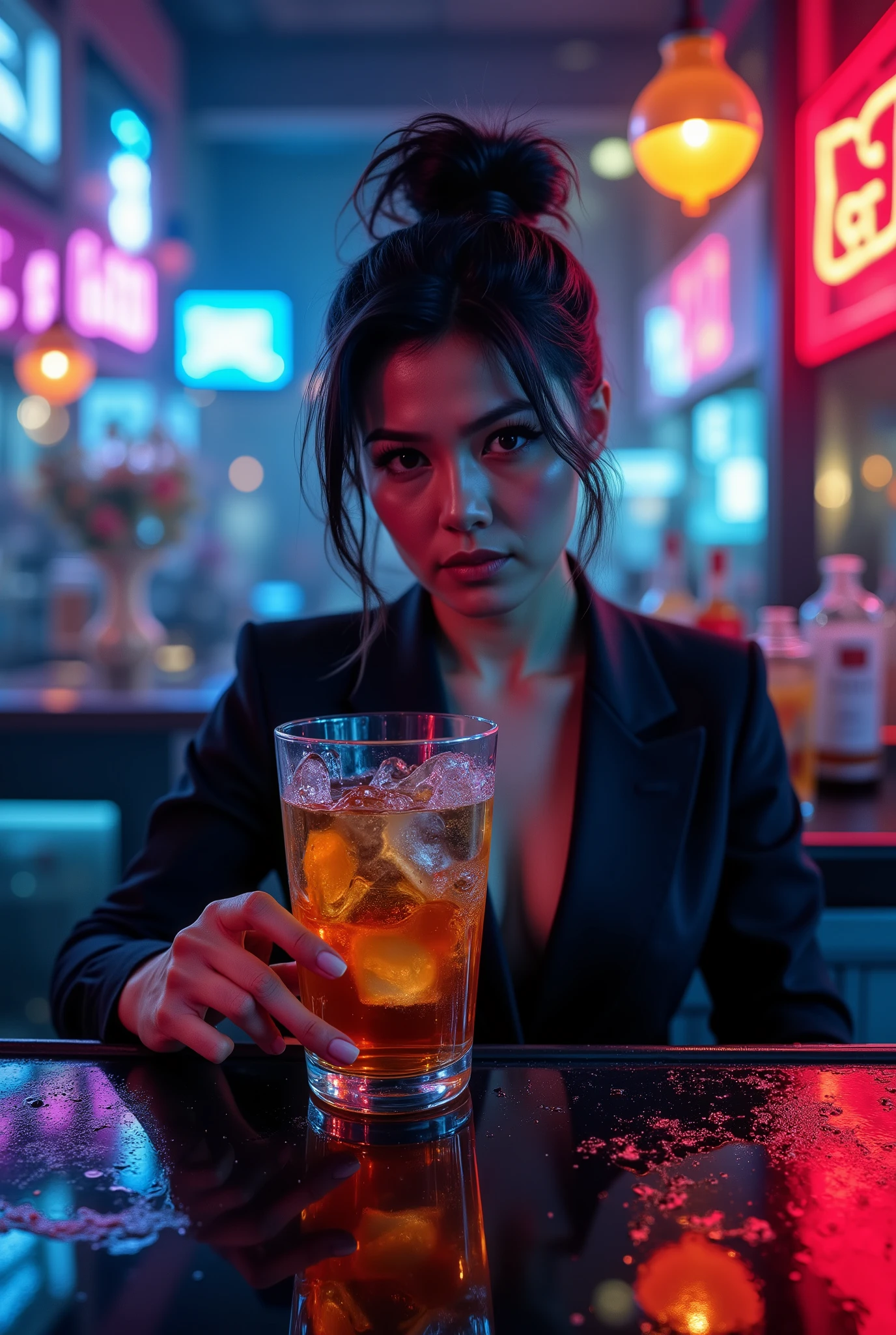 Hyperrealistic photo, a modern femme fatale bartender in a moody, neon-soaked bar. She's Asian, with sharp features and a sleek, high ponytail. Her expression is confident and enigmatic. She holds up a glass of swirling amber cocktail, the liquid illuminated by the intense blue and red neon lights from the bar backlight. The reflection in the glass is a distorted, beautiful mosaic of the cityscape at night. Wet spots on the dark bartop reflect the colors. Style of Gregory Crewdson, neon-noir, dramatic shadows, ultra detailed, 4k.
