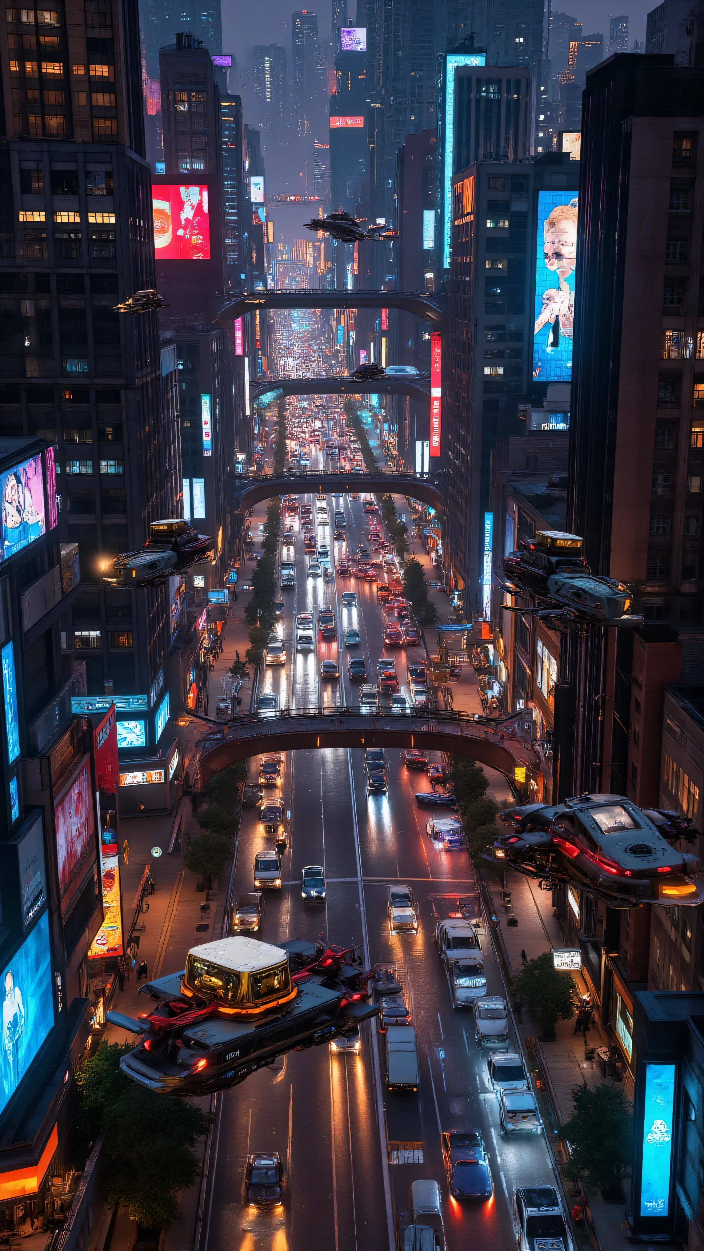 A complicated and crowded futuristic Cyberpunk cybercity at night, flying cars fly on several levels, very crisp clear skies, towering skyscrapers, bright multicolored neon lights brightly lit video advertisements, hovercrafts, and hoverbikes, hover vehicles are everywhere, futuristic advanced technology, intricate details, ultra-realistic, cinematography. 3D rendered realism, raw photo, sky bridges, and several levels of flying traffic, . Clear crisp night. Lots of traffic. Contrast of dark black night and bright neon colored lights. Futuristic, advanced technology, intricate mechanical components, with complex internal circuitry and external electrical components with a detailed pattern of a beautiful new design. 8k, cinematic photography, cinematic lighting, photo-realistic, HDR, high-res best quality images, icon style, intricate details, dramatic colors and lighting,ultra-fine painting, vivid view, avant-garde images, unique, innovative concepts, futuristic experimental art style, aesthetically incredible, undeniably genius level architecture of the cybercity, octane render, trending on artstation, depth of field, realistic vision, and masterpiece.