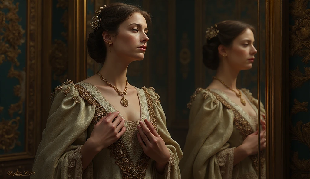 A chiaroscuro portrait of a woman, beautiful detailed eyes, beautiful detailed lips, extremely detailed eyes and face, long eyelashes, porcelain skin, elegant hairstyle, intricate jewelry, dramatic lighting, Renaissance style, dramatic shadows, warm golden tones, dramatic chiaroscuro lighting, ultra-detailed, 8k, photorealistic, masterpiece, cinematic, dramatic atmosphere, elegant and regal