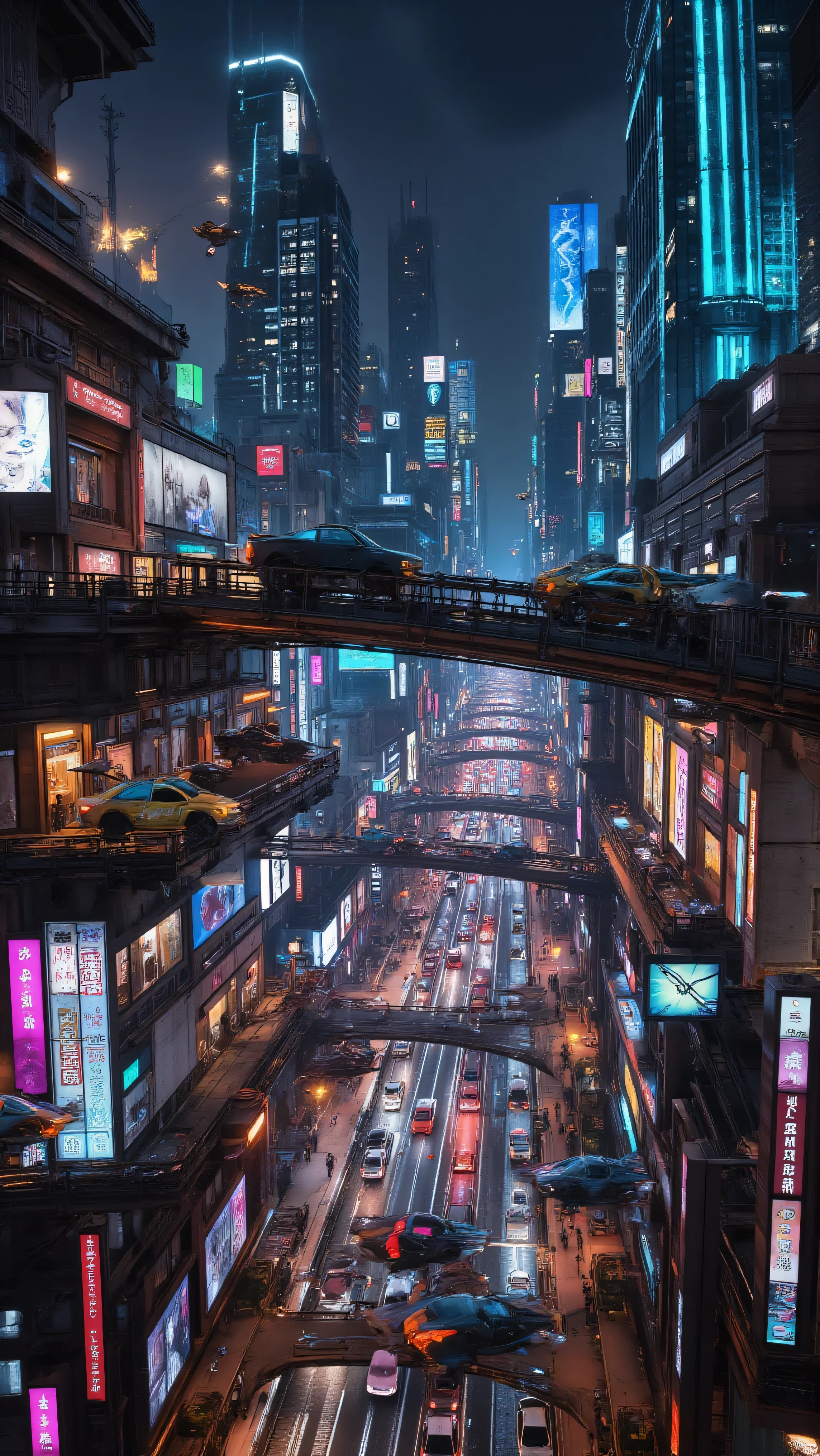 A complicated and crowded futuristic Cyberpunk cybercity at night, flying cars fly on several levels, very crisp clear skies, towering skyscrapers, bright multicolored neon lights brightly lit video advertisements, hovercrafts, and hoverbikes, hover vehicles are everywhere, futuristic advanced technology, intricate details, ultra-realistic, cinematography. 3D rendered realism, raw photo, sky bridges, and several levels of flying traffic, . Clear crisp night. Lots of traffic. Contrast of dark black night and bright neon colored lights. Futuristic, advanced technology, intricate mechanical components, with complex internal circuitry and external electrical components with a detailed pattern of a beautiful new design. 8k, cinematic photography, cinematic lighting, photo-realistic, HDR, high-res best quality images, icon style, intricate details, dramatic colors and lighting,ultra-fine painting, vivid view, avant-garde images, unique, innovative concepts, futuristic experimental art style, aesthetically incredible, undeniably genius level architecture of the cybercity, octane render, trending on artstation, depth of field, realistic vision, and masterpiece.