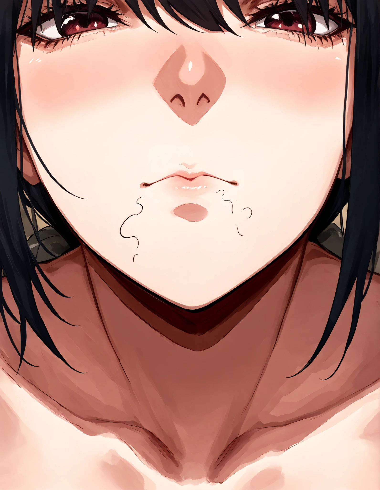 1 woman, age 40,kyou KAI, milf, NSFW, front view, mouth close-up, mouth focus, (random pubic hair), closed mouth, black hair,stray pubic hair,Mouth full of sperm 